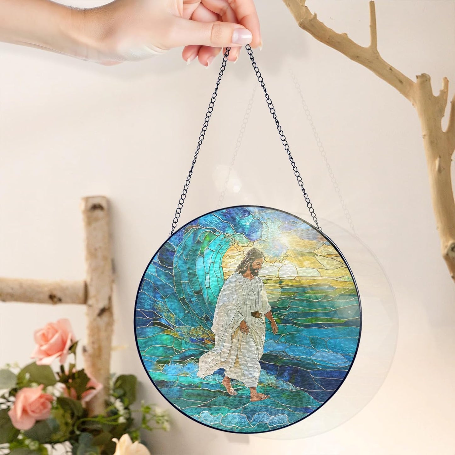 FLAGWIX Christmas Christian Gifts for Women Faith - Stained Glass Window Hanging 8 in - Religious Catholic Gifts for Women, Christian Sun Catchers Indoor Window for Home Garden Decor, Spiritual Gift