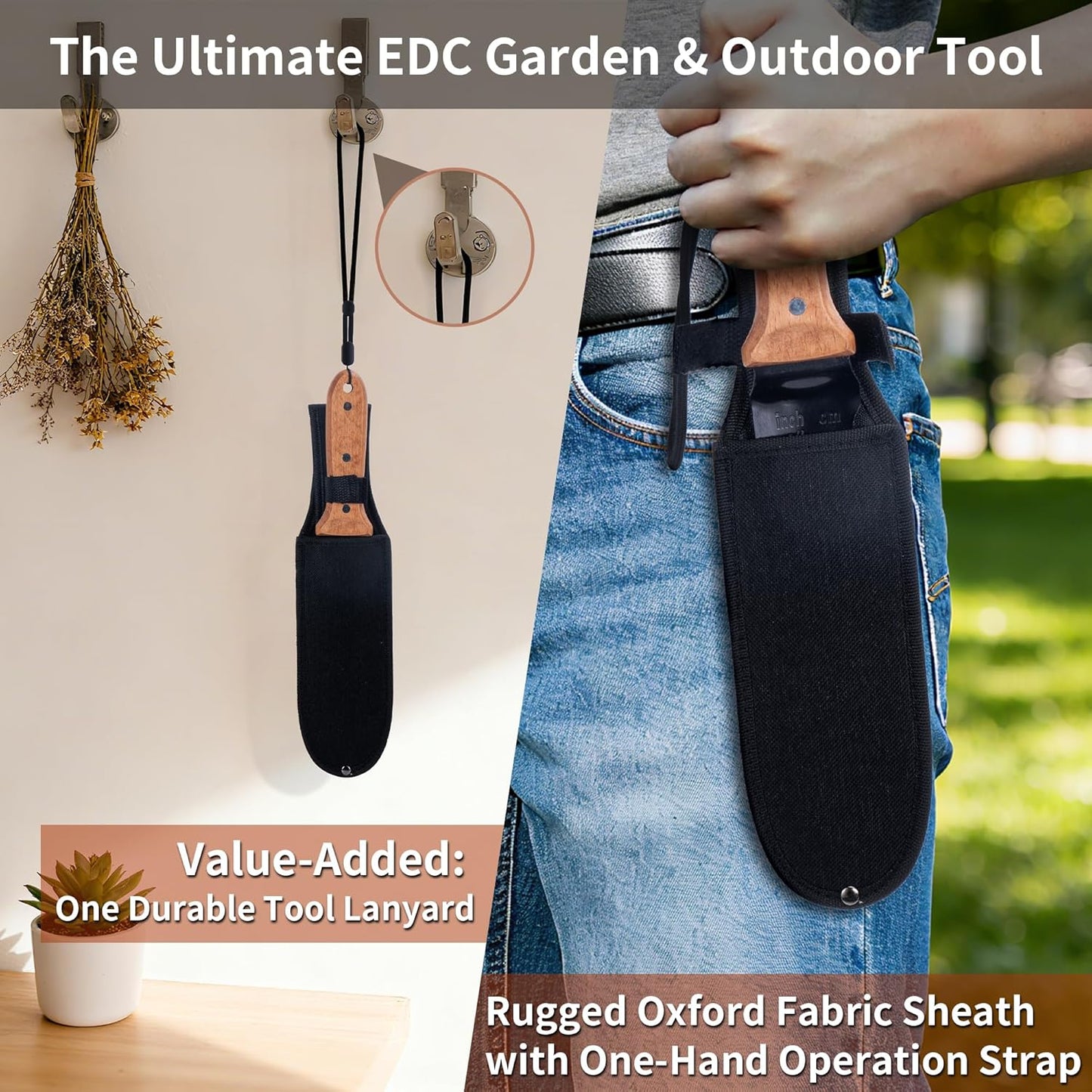 YANG Hori Hori Garden Knife, 7" Stainless Steel Gardening Knife with Oxford Cloth Sheath, Full Tang Beechwood Handle EDC Garden Tool for Digging, Planting & Weeding, Pointed Tip for Hard Soil