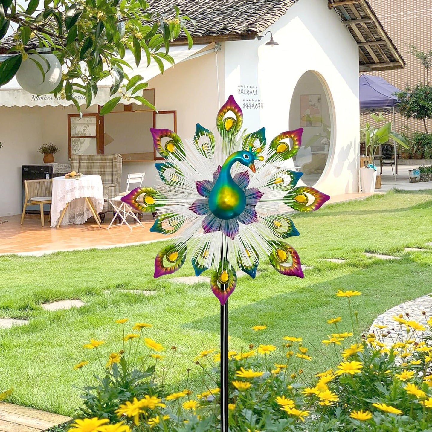 45" Peacock Garden Wind Spinners - Solar Metal Clearance Windmill Kinetic Wind Spinner Outdoor Decor, Wind Sculpture Yard Art for Patio & Lawn