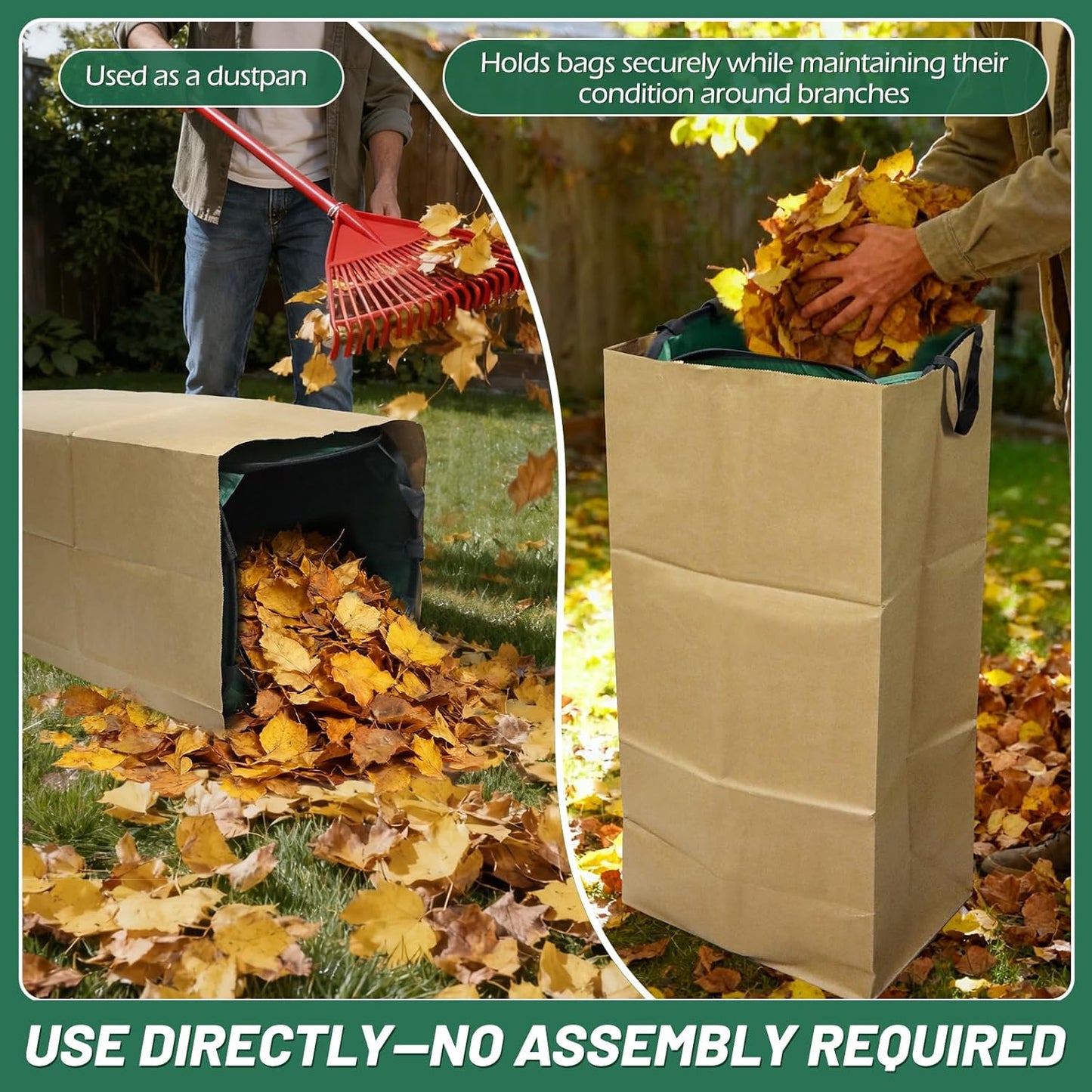 2Pack Reusable Pop-Up Yard Waste Bag Holder, Designed for 30 Gallon Paper Lawn Bags, Multi-Use Dustpan Function and Compact Foldable Design for Effortless Leaf Collection