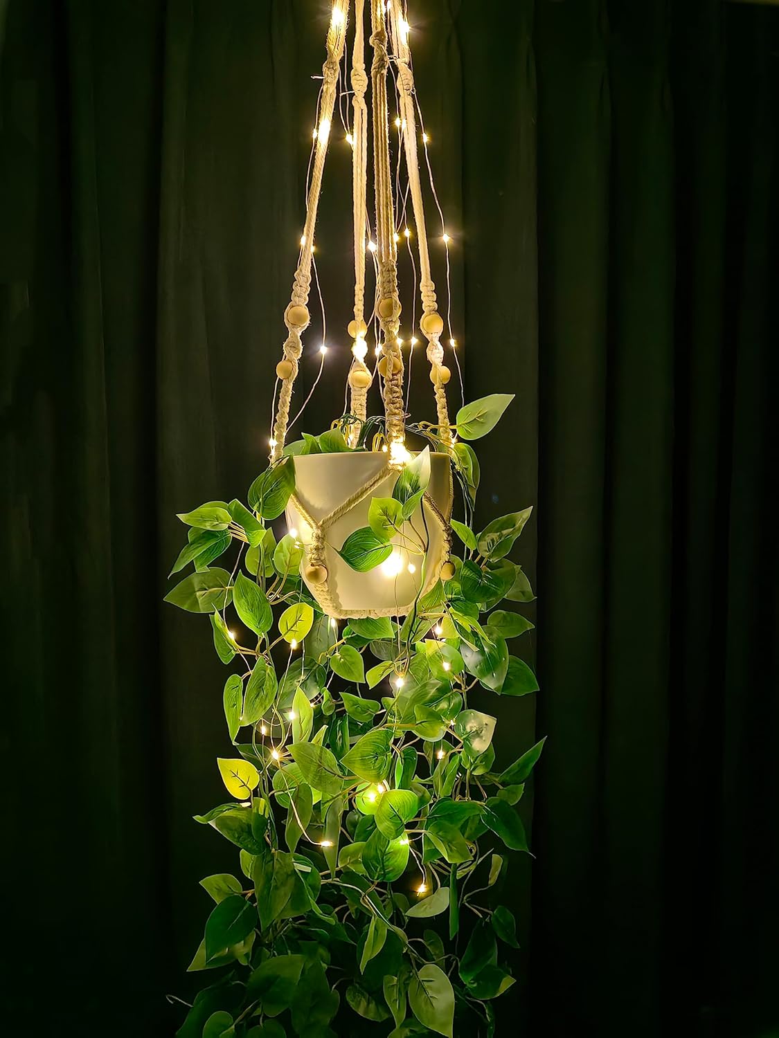 2 Packs Fake Hanging Plant with Lights Artificial Plants with Pots for Home Decor Macrame Plant Hanger with Faux Vines Greenery for Bedroom Bathroom Room Ceiling Wall Boho Decor Indoor Outdoor