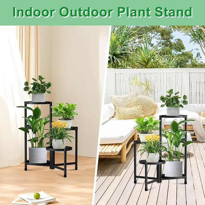 Metal Plant Stand Indoor Outdoor,4 Tier Tall Black Flower Stand Waterproof Plant Holder,Folding Design Corner Plant Rack for Patio Living Room Balcony Office