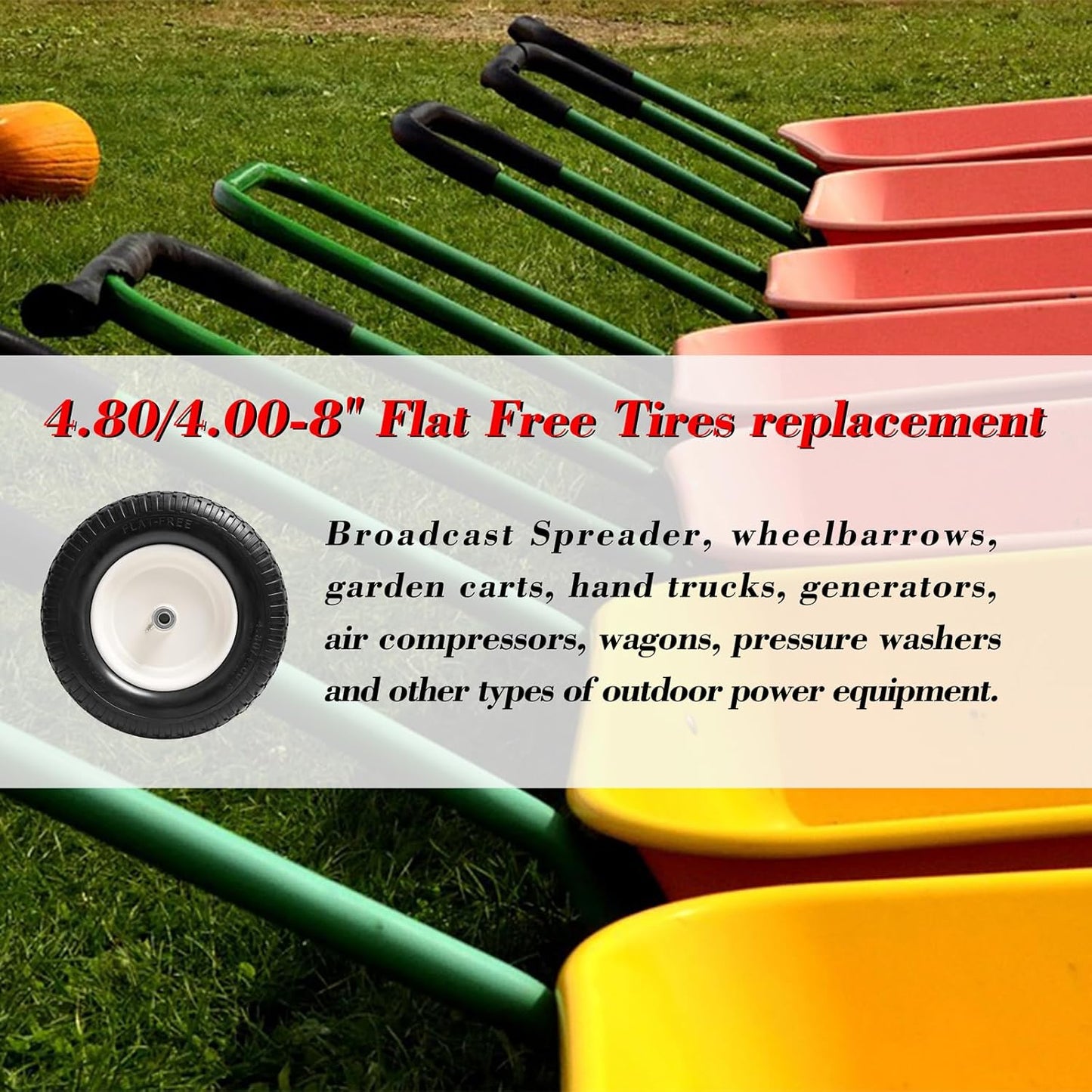 Parts Camp 4.80/4.00-8" Flat Free Wheelbarrow Tire and Wheel - 16" Universal Fit for Garden Wagon, Cart, Trolley, Dolly - 5/8" & 3/4" Bearings, 3" Centered Hub (2 Pack)