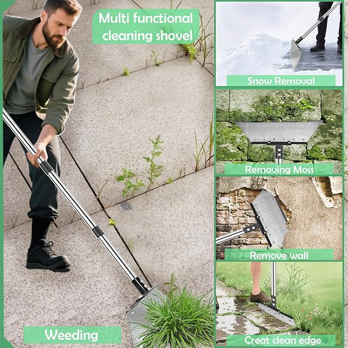 Manual Weed pullerTool, Flat Shovel,Stainless Steel Thatch Rake with Adjustable Handle for Leaf & Moss & Edging & Ice & Snow Removal in Lawn,Driveways, Patios, Garden Cracks (1-3 Tools)
