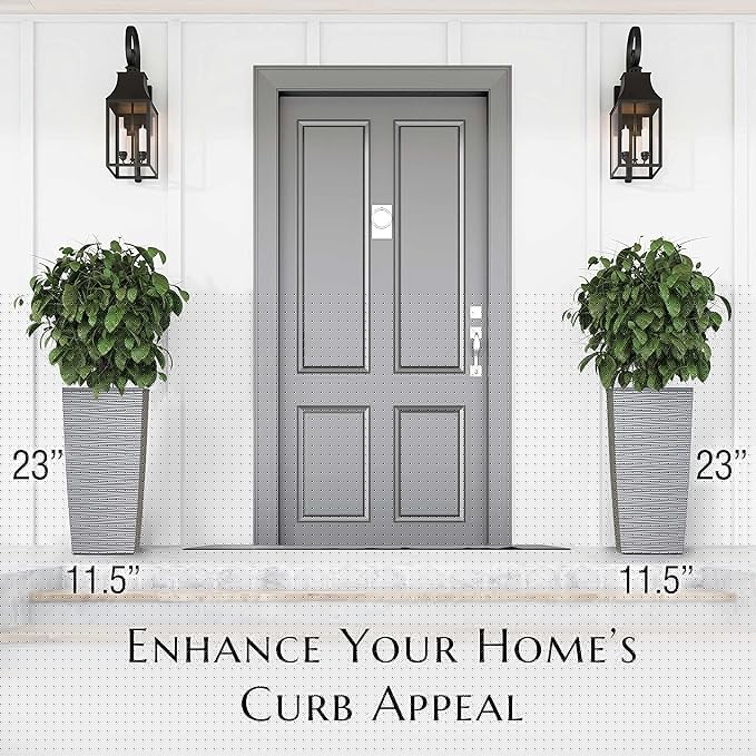 Mueller M-Resin Heavy Duty Tall Planter, Indoor/Outdoor Grande Plant, Tree, Flower Pot, 2-Piece Set, 24”, Modern Design, Built-in Drainage, Light Gray