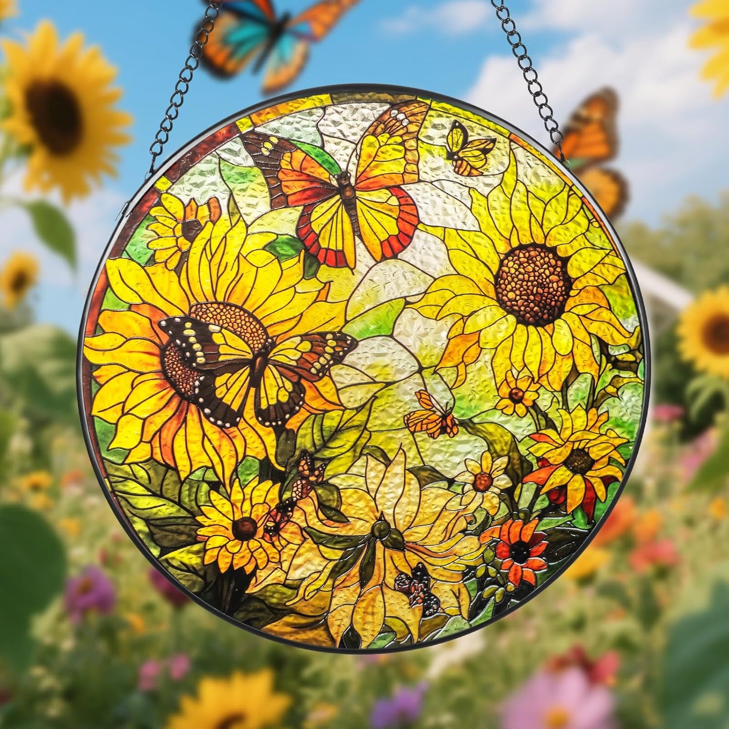 Suncatcher Stained Glass Window Hanging - Sunflower Glass Panel with Metal Chain and Hooks Handmade Sun Catcher Decoration for Window Garden Home Christmas & Birthday Gifts (8 Inch)