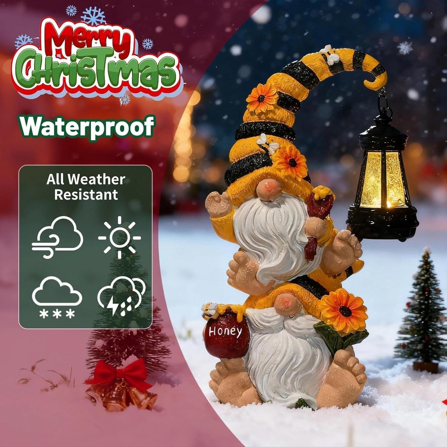 Solar Bee Garden Gnomes with LED Lantern – Waterproof Stacked Outdoor Decor for Yard, Patio – Unique Gnome Gift for Women, Mom, Grandma (Christmas Decor, Outdoor Statues)