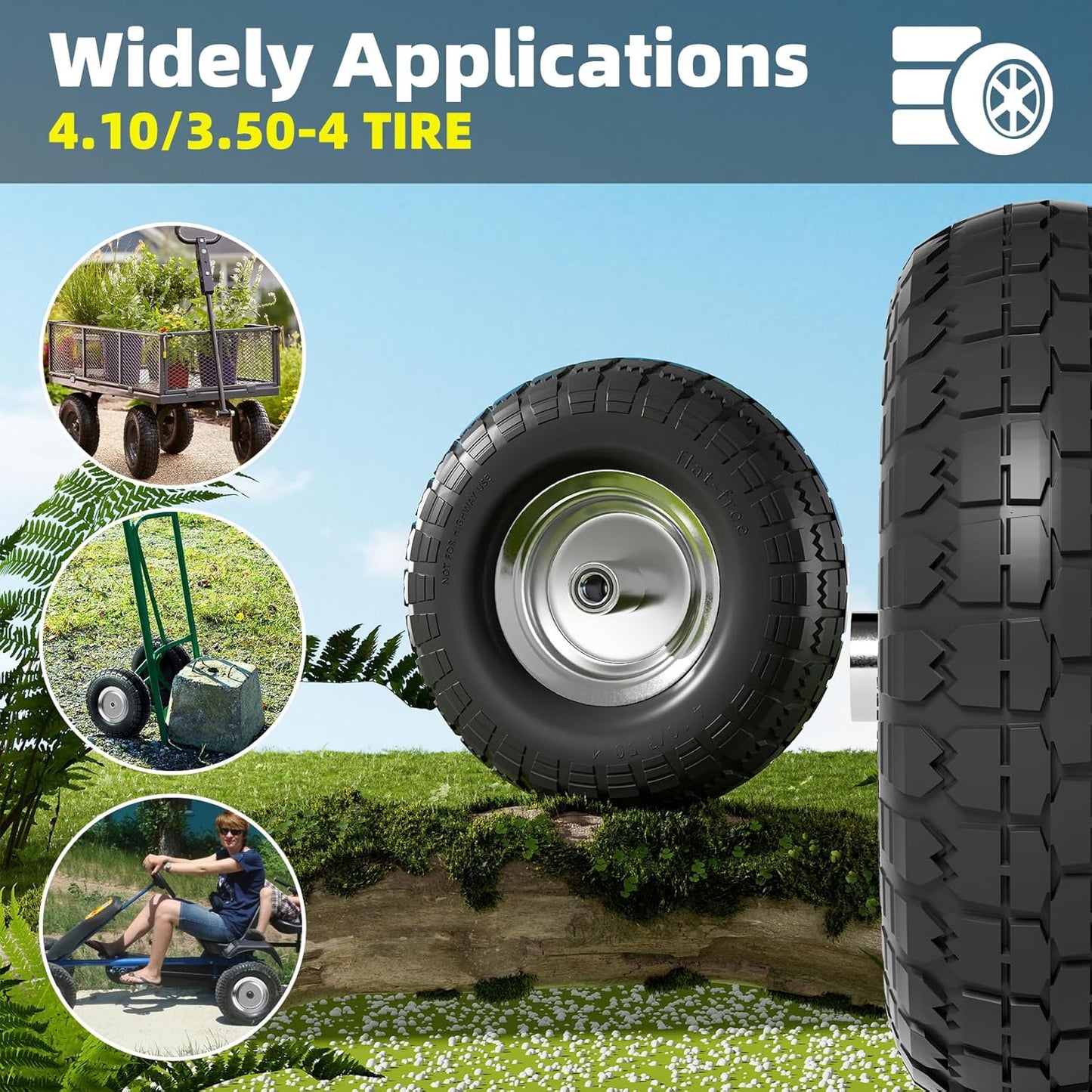 【UPGRADED】4.10/3.50-4 Tire and Wheel Flat Free, 10 Inch Solid Rubber Tire with 5/8”Axle Bore Hole and Double Sealed Bearings, for Dolly Wheels/Hand Truck Wheels/Dump Cart,4 Pack