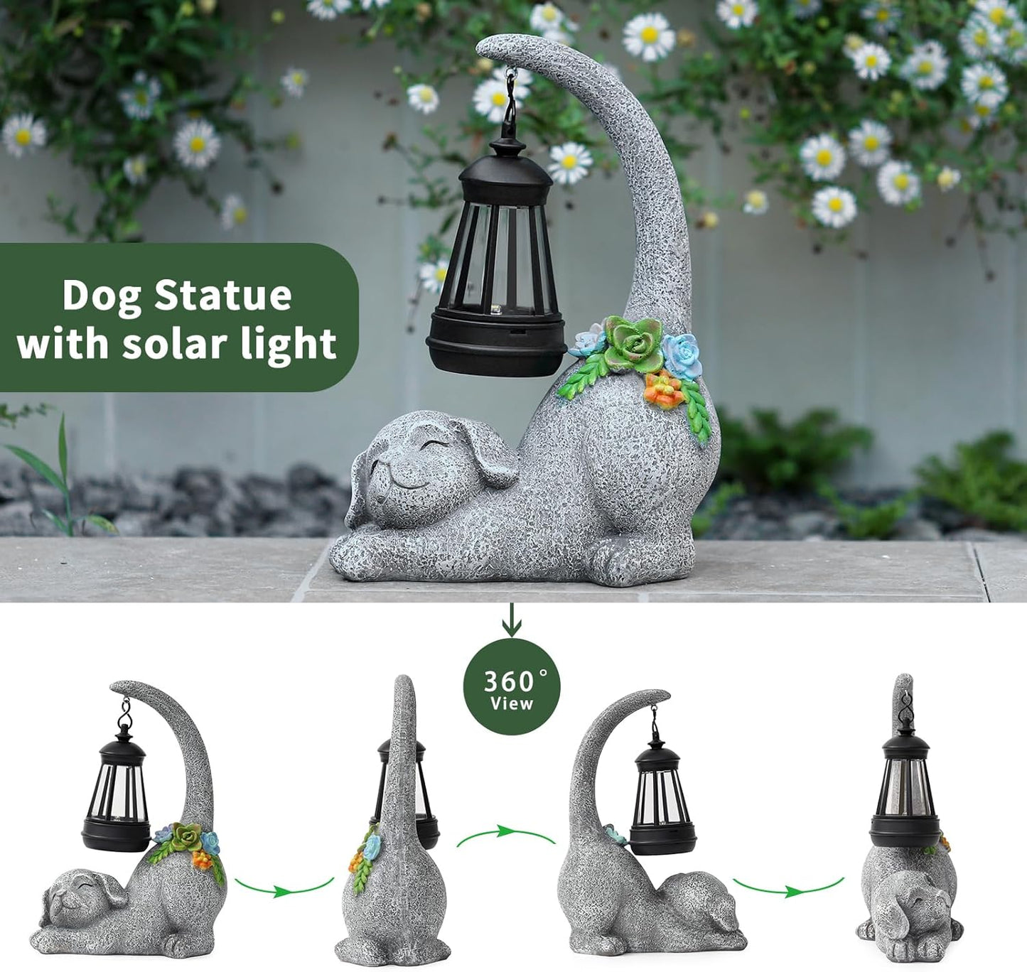 Garden Cute Dog Gnome Statue Decorations - Solar Resin Dog with Solar Garden Lights Outdoor Decorations for Patio,Yard,Lawn,