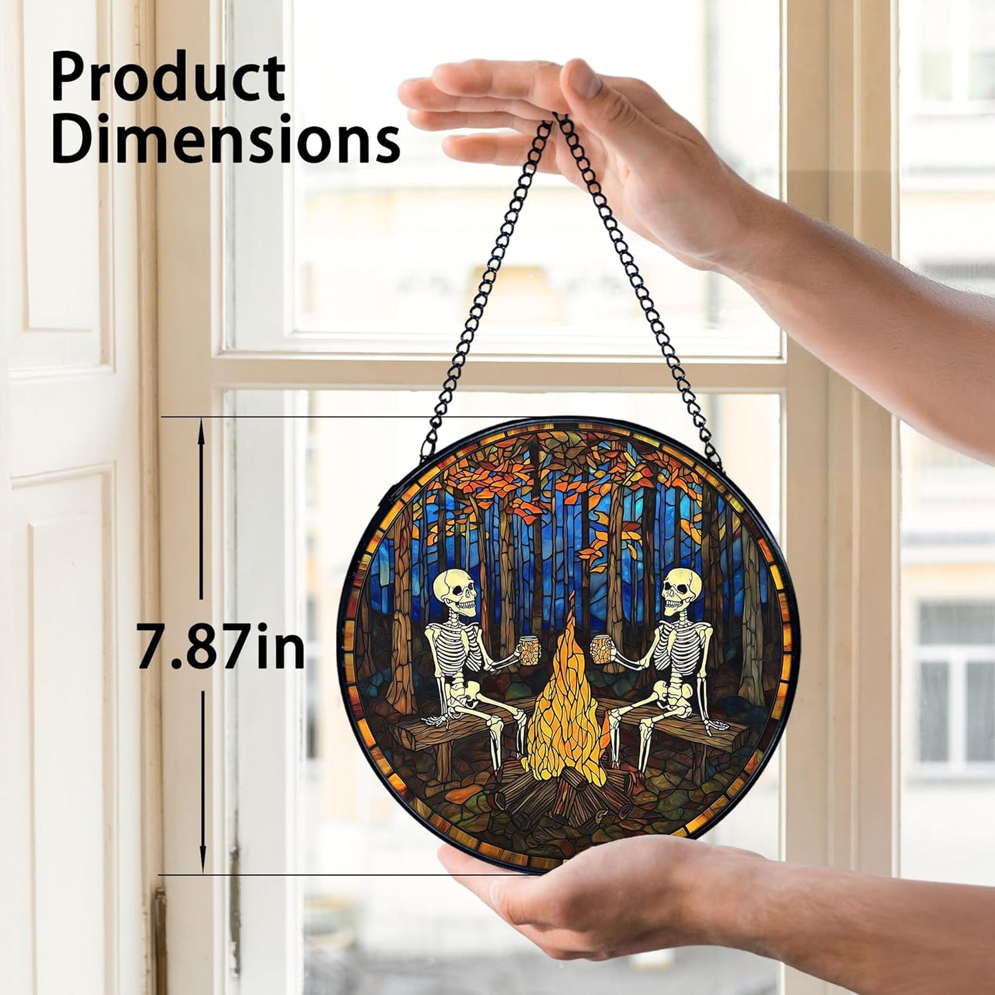 TNUW Halloween Fall Skeleton Stained Glass Window Hanging, Gothic Skeleton Autumn SunCatchers Indoor Window Glass Round Wall Art Decor, Halloween Fall Wall Hanging Decorations, 7.9"x7.9"