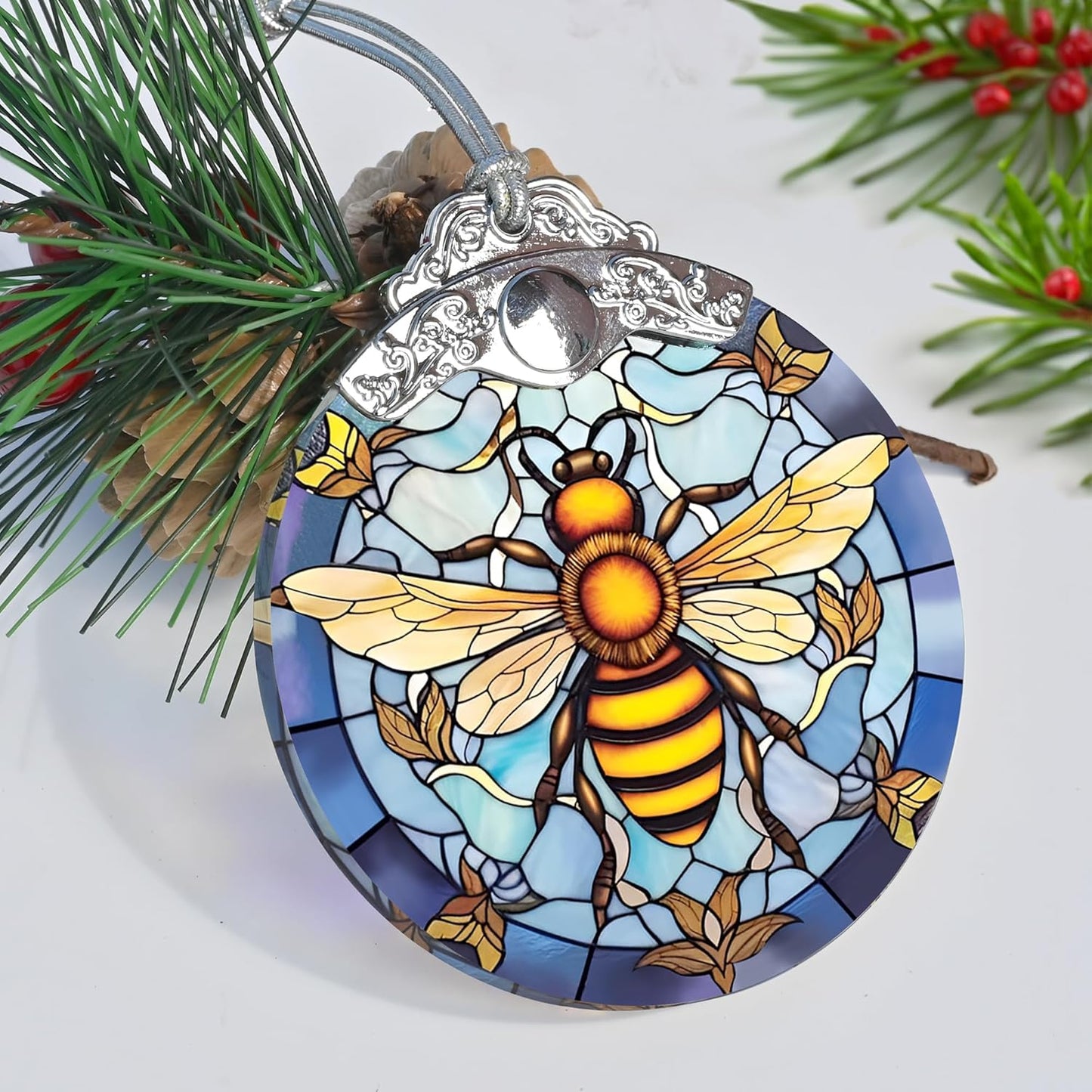 Stained Glass Christmas Ornaments, Jocidea Bee Ornaments for Christmas Tree, Christmas Tree Decor, Bee Lovers Gifts, Holiday Decor and Xmas Gifts Ideas