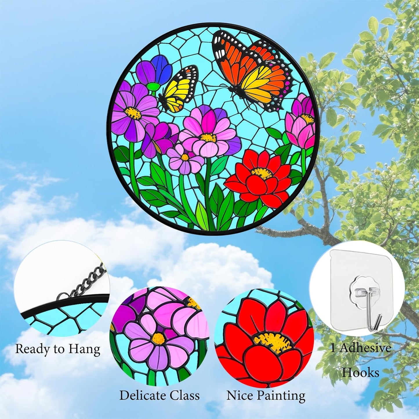 Flower Butterfly Suncatchers for Windows Hanging - 8 in Stained Glass Sun Catchers Indoor Window Decor, Suncatcher Stain Glass Window Hanging for Home, Gifts for Holiday or Wall Art