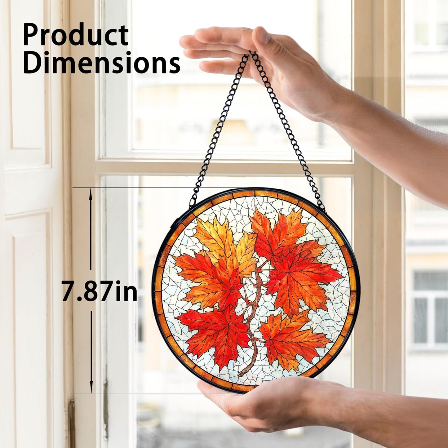TNUW Fall Maple Leaf Stained Glass Window Hanging, Rustic Autumn Leaves Sun Catchers Indoor Window Glass Round Wall Art Decor, Fall Autumn Wall Hanging Decorations, 7.9"x7.9"