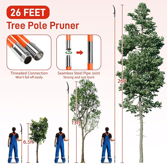 Outvita Manual Pole Saw, 26 Feet Extendable Tree Pruner with Knives and Storage Pocket, Sharp Steel Blade and Scissors High Branches Trimming for Pruning Palms and Shrubs(Orange)