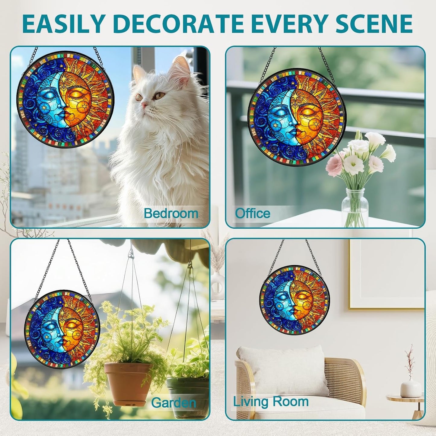 Sun and Moon Stained Glass Window Hanging, Suncatcher for Window Hanging, Moon Sun Catchers Indoor Windows Wall Art for Mom Grandma, Christmas Thanksgiving Gift, for Home Garden Office 7.87 inches