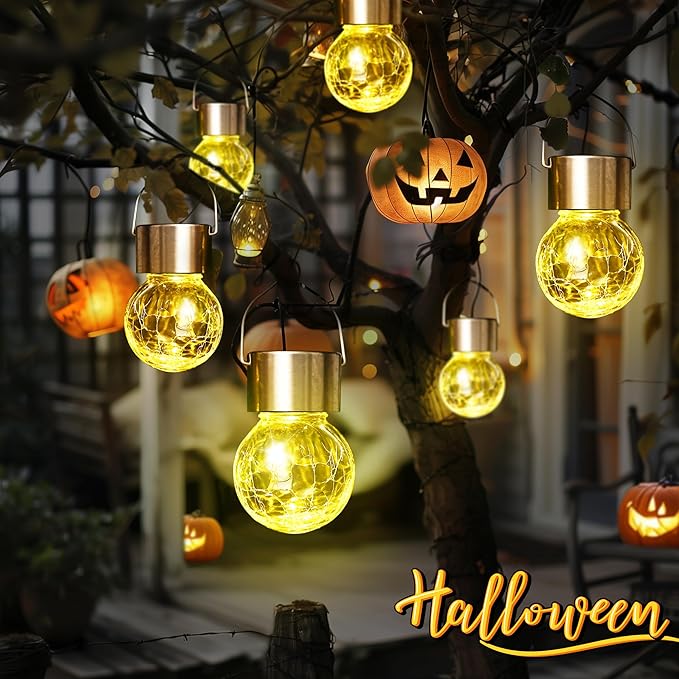 GIGALUMI 8 Pack Solar Outdoor Lights, Solar Hanging Lights for Christmas Decoration-Cracked Glass Solar Lights Outdoor Waterproof for Garden, Yard, Fence, Tree(Warm White)