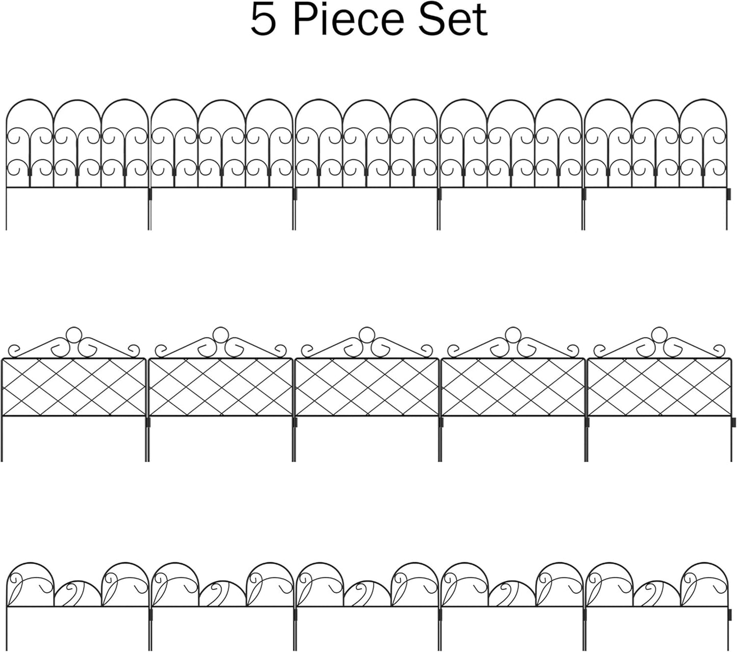Metal Garden Fencing - Set of 5 Interlocking Panels for Flower Beds and Landscaping - Decorative Scroll Edging with Lawn Stakes by Pure Garden (Black)