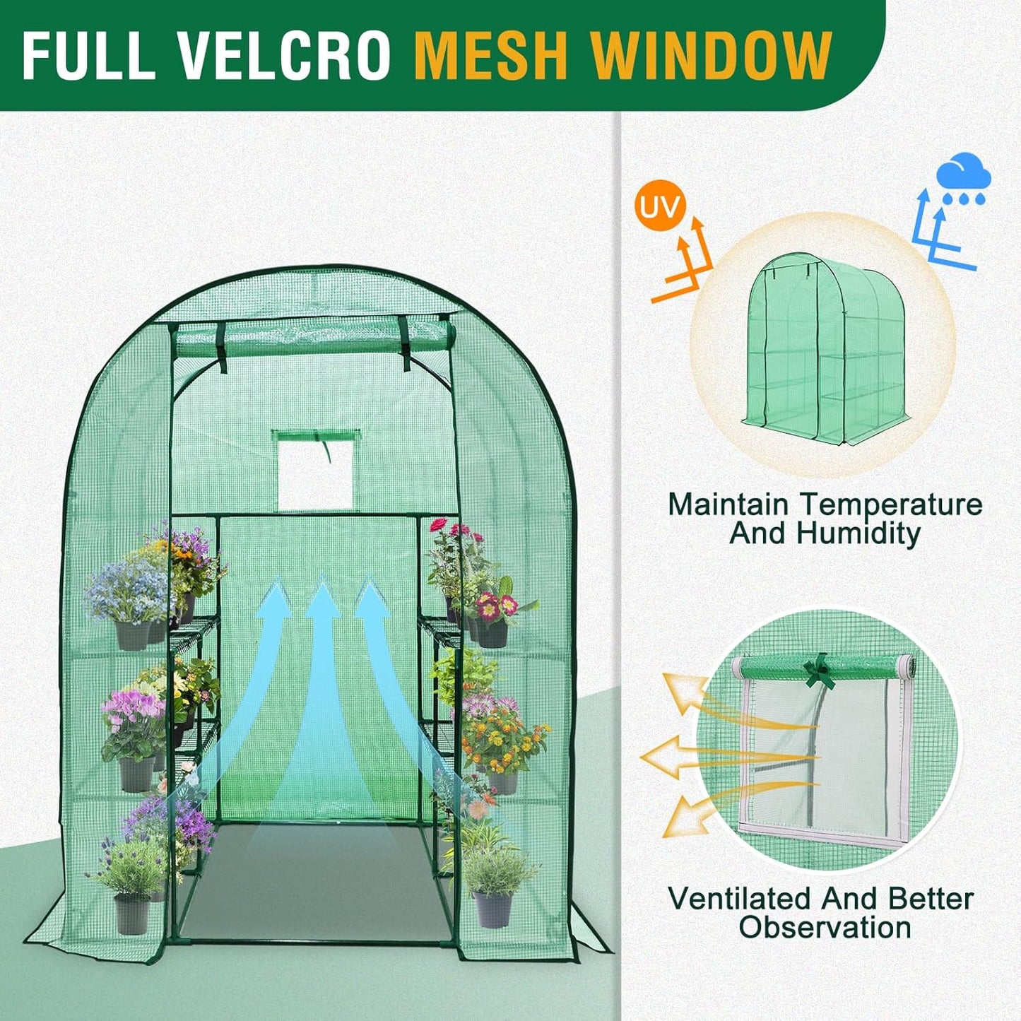 EAGLE PEAK 3-Tier Walk in Portable Greenhouse with 8 Wire Shelves, Indoor and Outdoor Garden House with Roll Up Zipper Door and Windows, Easy Set Up, 56.3"x56.3"x76.8", Clear/Green PE Cover