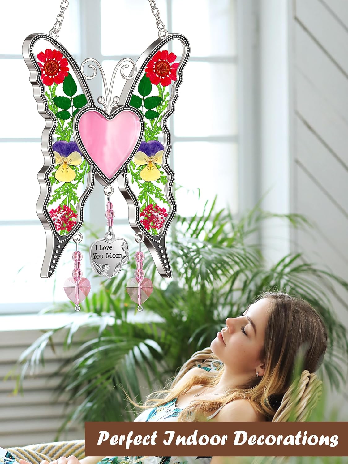 KY&BOSAM Gifts for Mom Suncatcher Butterfly Mother`s Day Gifts I Love You Mom Stained Glass Panels Heart for Window Hanging Wind Chime Pressed Real Flowers Wings Unique Design Birthday Gift for Women