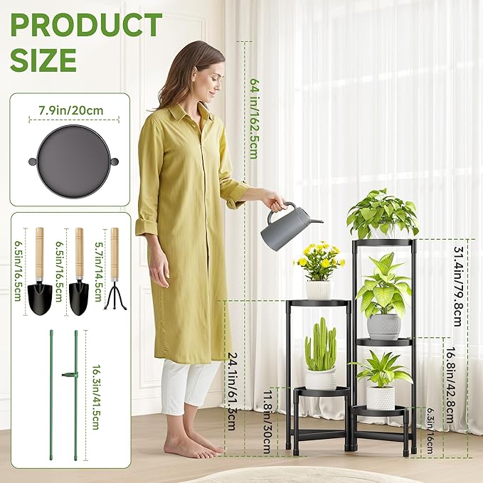 5-Tier Metal Plant Stand Indoor, Foldable Corner Plant Shelf Outdoor, Rotatable Tiered Tall Plant Stand, Black Multiple Plant Stands for Patio Living Room Balcony Garden Home Decor