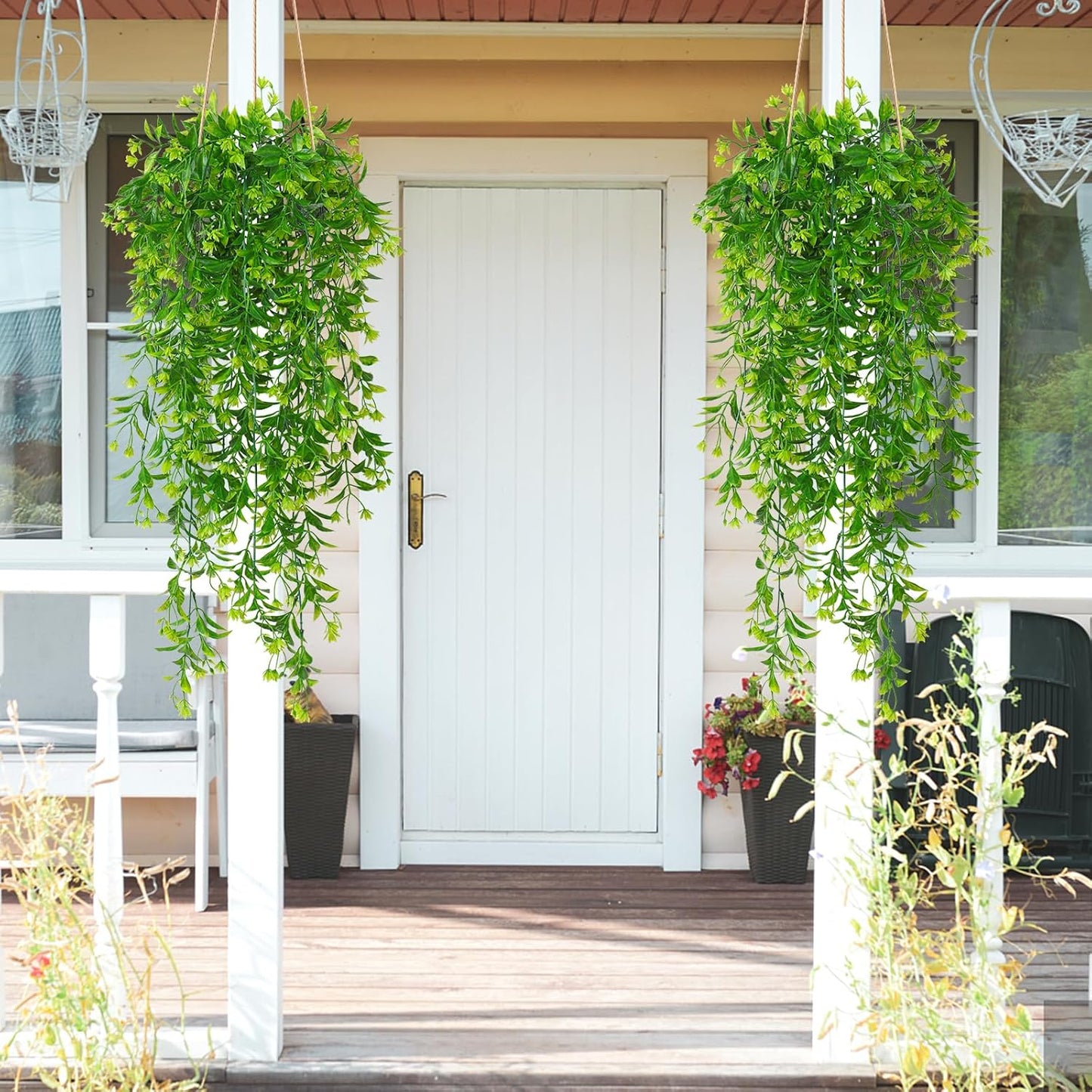 TOCHGREEN 4Pcs Artificial Hanging Plants Fern Vine, Faux Plastic Plants Fake Ivy Vine Greenery Garland with Green Flower, Outdoor Indoor Decorations for Living Room Garden Wall Home Decor (Green)
