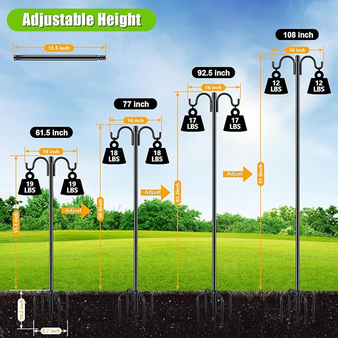 Gtongoko Double Shepherds Hook for Outdoor, 92.5 Inch Heavy Duty Bird Feeder Pole 3/4 Inch Thick Garden Hooks for Hanging Hummingbird Feeder, Plant Baskets, Solar Light Lanterns, 1 Pack