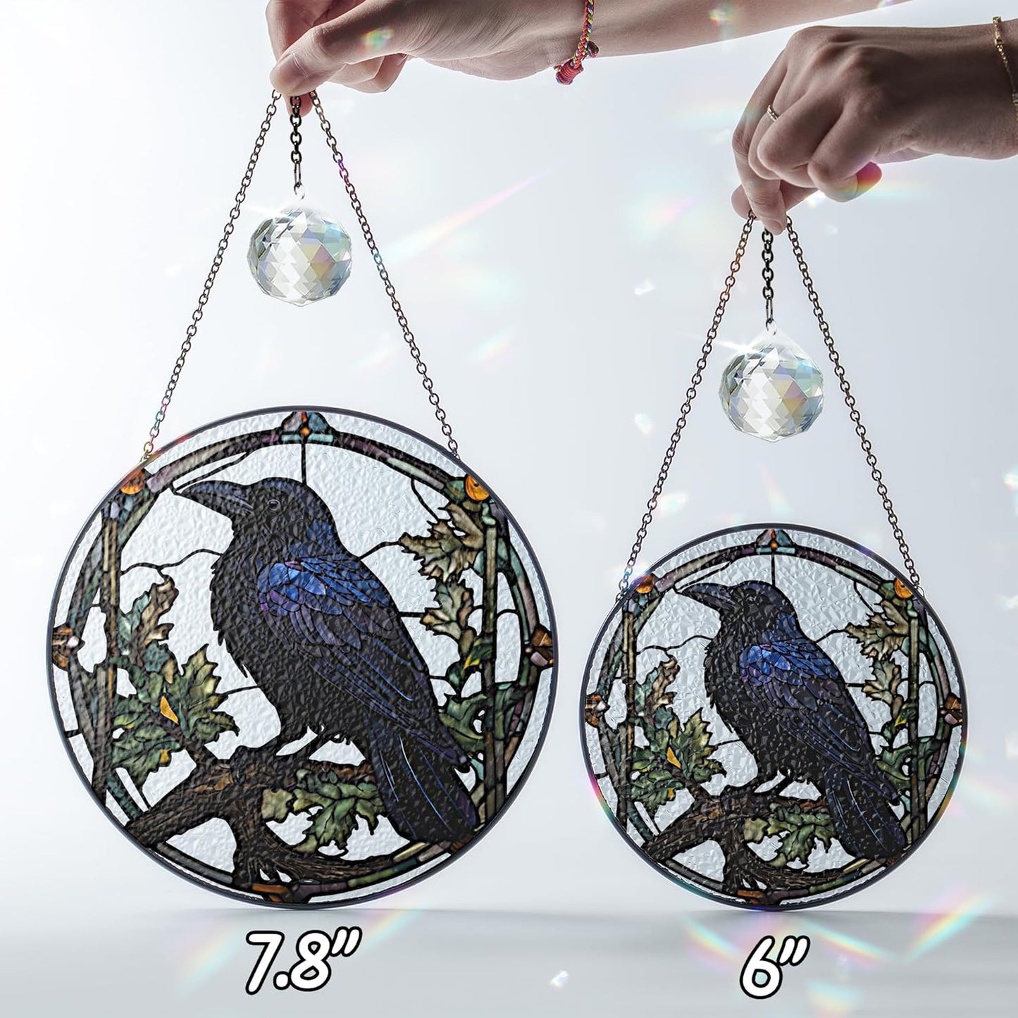 7.8" Crow Stained Glass Suncatchers Art Glass Ravens for Sun Catcher Indoor Gothic Gifts for Pet Animal Nature Floral Lovers Women Grandma Mom Friend Painted Panel Décor BIRD-04B-SG8