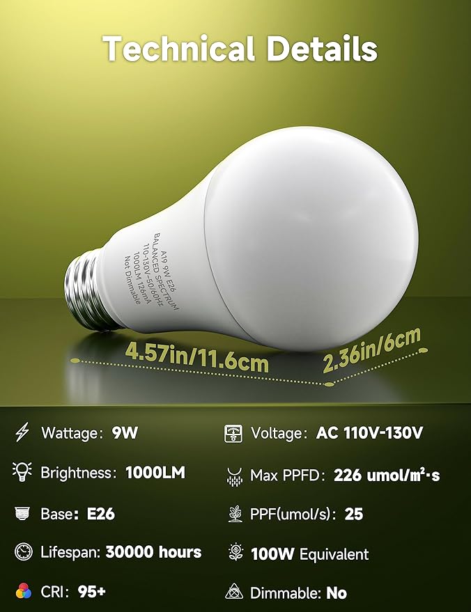 Grow Light Bulbs, Full Spectrum Light Bulb, A19 Grow Light Bulb, Plant Light Bulbs E26 Base, 9W Plant Grow Light Bulbs 100W Equivalent, Grow Light for Indoor Plants, Seeds, Flowers, 12 Pack
