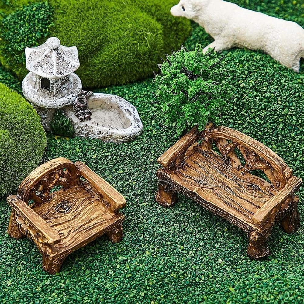 Fairy Garden Furniture Ornaments Miniature Resin Chair Bench Fairy Village Micro Resin Dollhouse Accessories Home Micro Landscape Decoration(1PCS Bench)