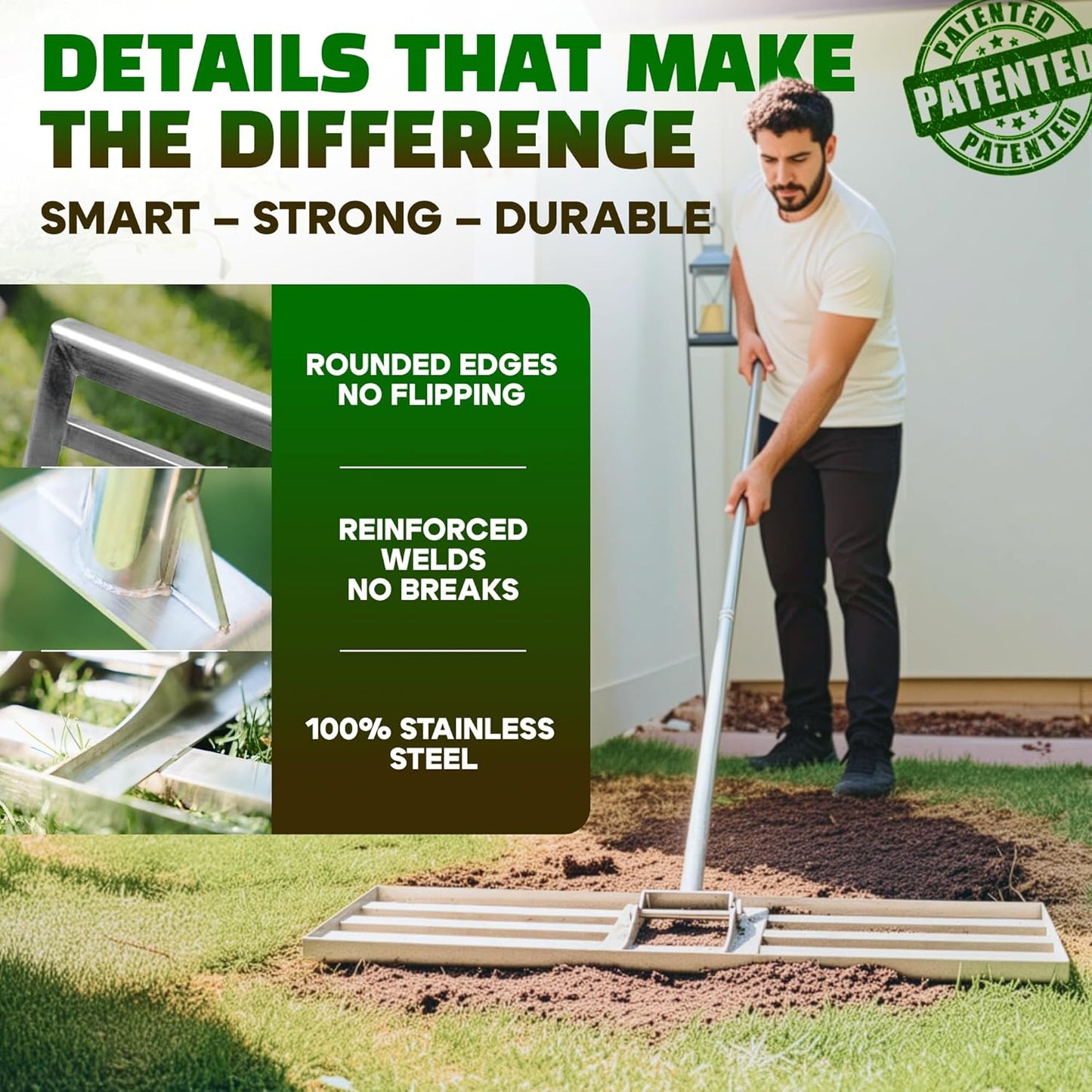 Oris Garden® Lawn Leveling Rake 30 inch - Ground Leveler for Yard, Sand, Soil, Grass - Dirt Leveling Tool, Heavy Duty Stainless Steel rakes for Golf, Grading, Gravel (30" Leveling + Thatch Rake)