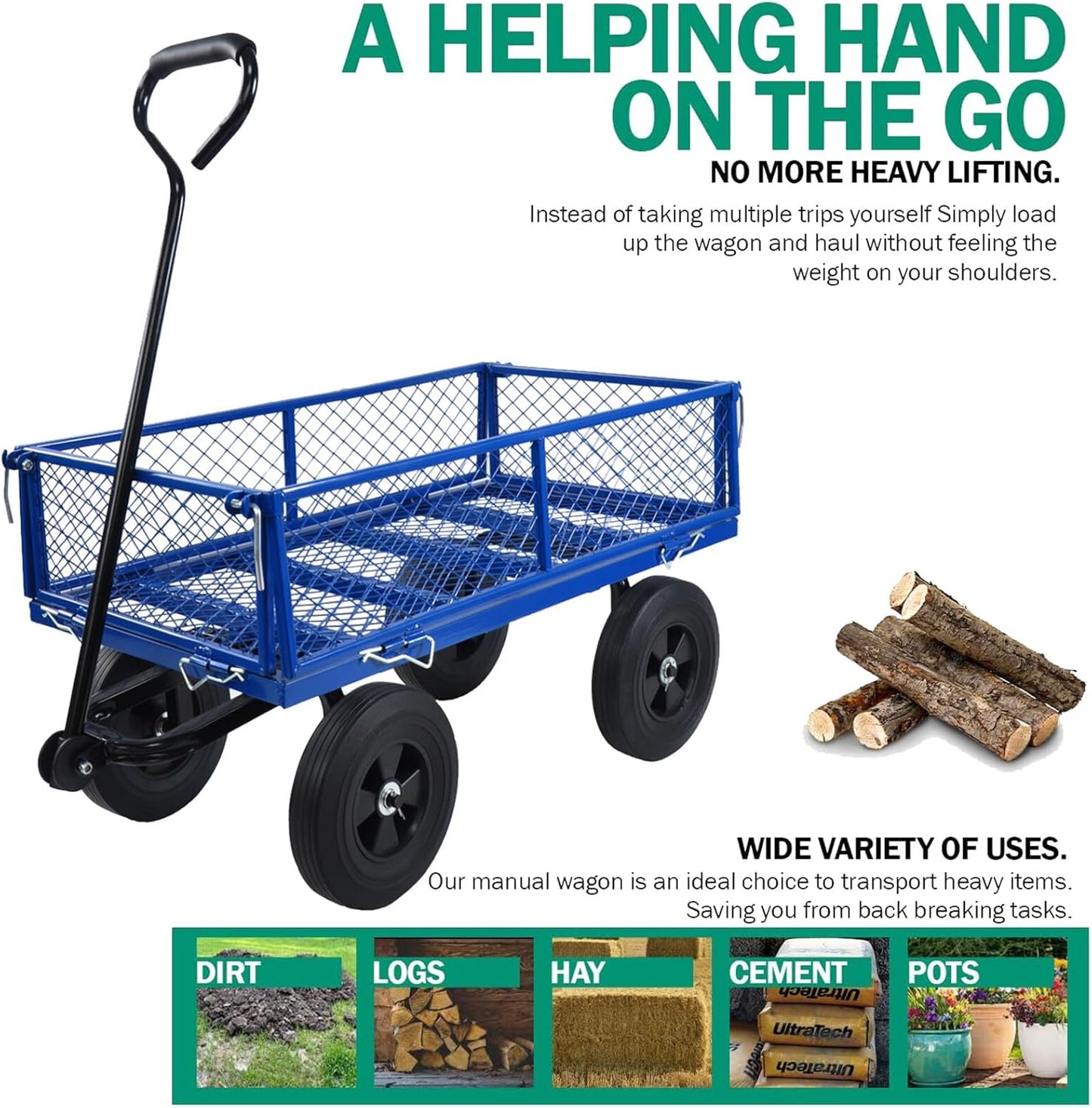 Heavy-Duty Solid Tire Garden Dump Cart - 4.86 cu. ft. Yard Wagon Cart with 600 LBS Capacity & Spacious Mesh Bed (37" x 19.5") - No-Flat Tires, Utility Wagon