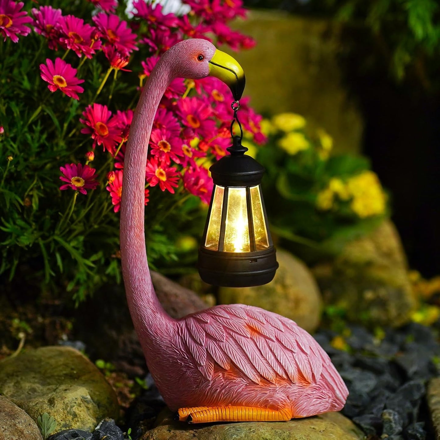 Flamingo Statues for Garden Decor: Outdoor Figurines Sculpture with Lantern for Lawn Patio Yard Balcony - Gifts for Mom Grandma