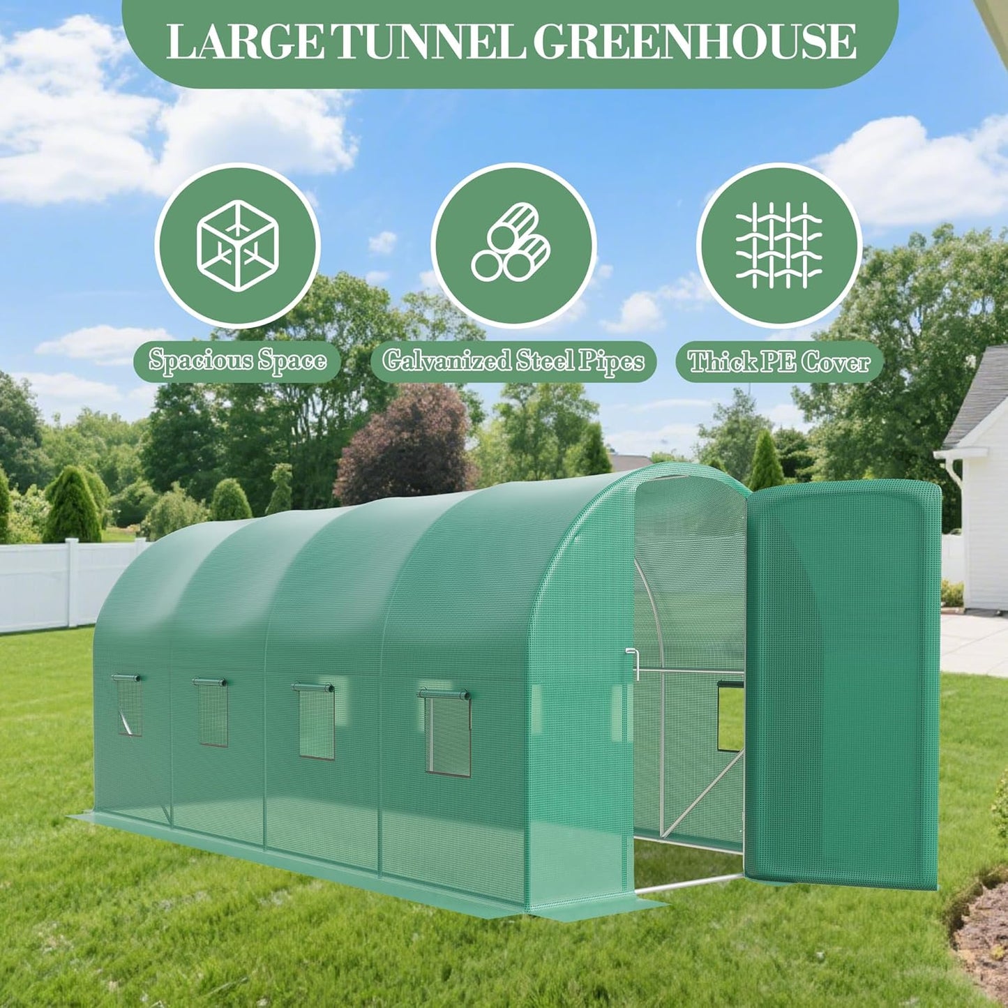 15x7x7 ft Walk-in Tunnel Greenhouse for Outdoor Gardening - Heavy Duty Galvanized Steel Hoop House with Green PE Cover, A Swing Door & 8 Vent Windows, Plant Protection & Year-Round Growing