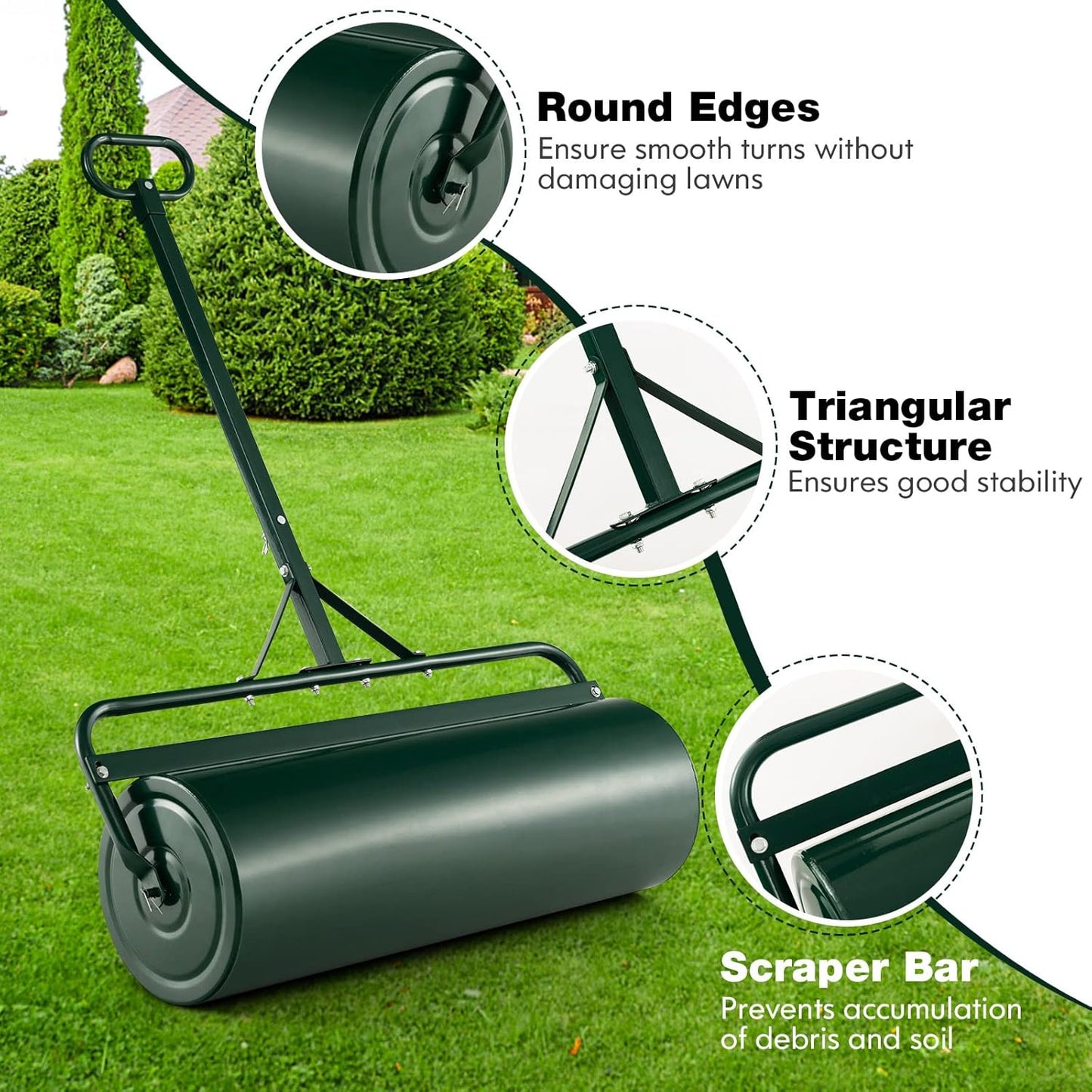 Goplus Push/Tow-Behind Lawn Roller, 17 Gallon/63L Water/Sand-Filled Sod Drum With Detachable Gripping Handle, 12 by 36-Inch, Green - for Garden, Yard, Farm