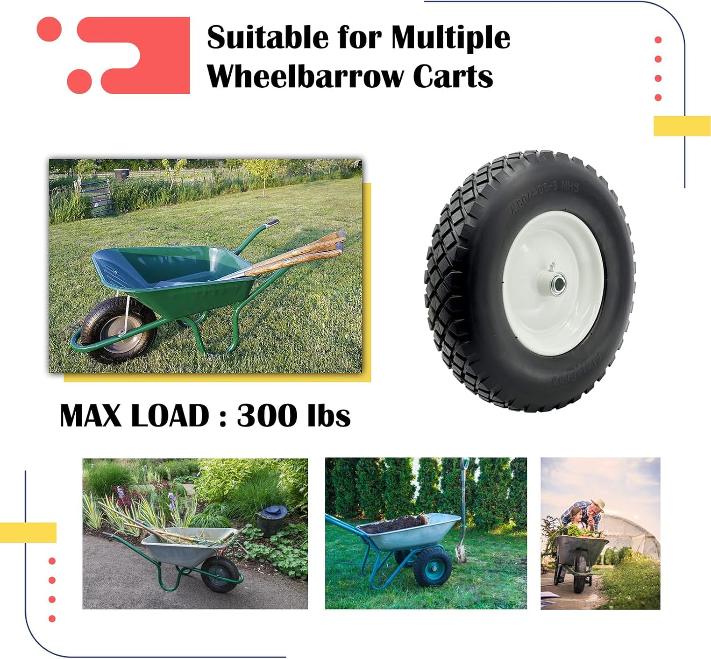 2-Pack 4.80-8 Wheelbarrow Tire and wheel with 3"-6''Centered Hub, 3/4" or 5/8''or 1/2'' Bearings, 16‘’ Tire Assembly for Hand Truck,Garden Cart (4.80/4.00-8 Flat Free,3"Center Hub,Knobby Tread)