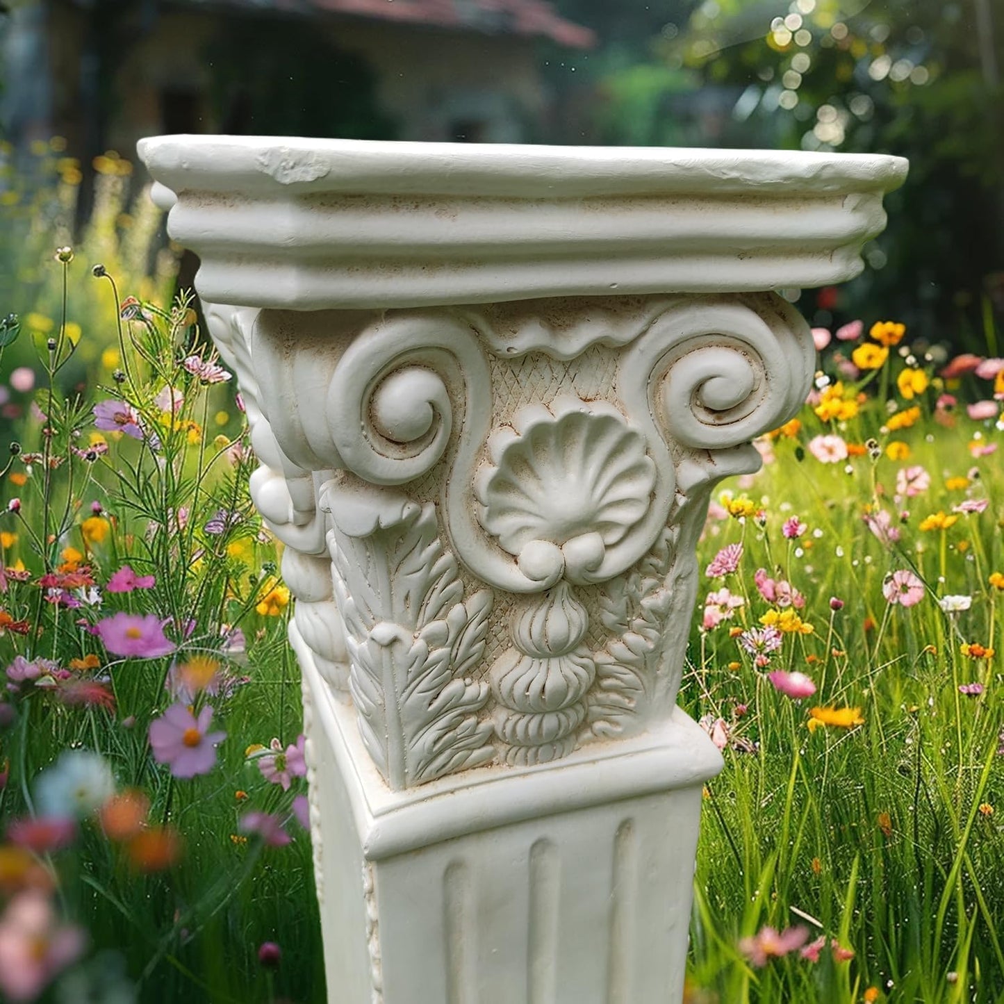 Large 35.5" Vintage Weathered Corinthian Column Pillar with Base Pedestal Magnesium Oxide Ideal for Displaying Statues, Vases, or Planters Decoration for Garden Backyard Patio Office, White