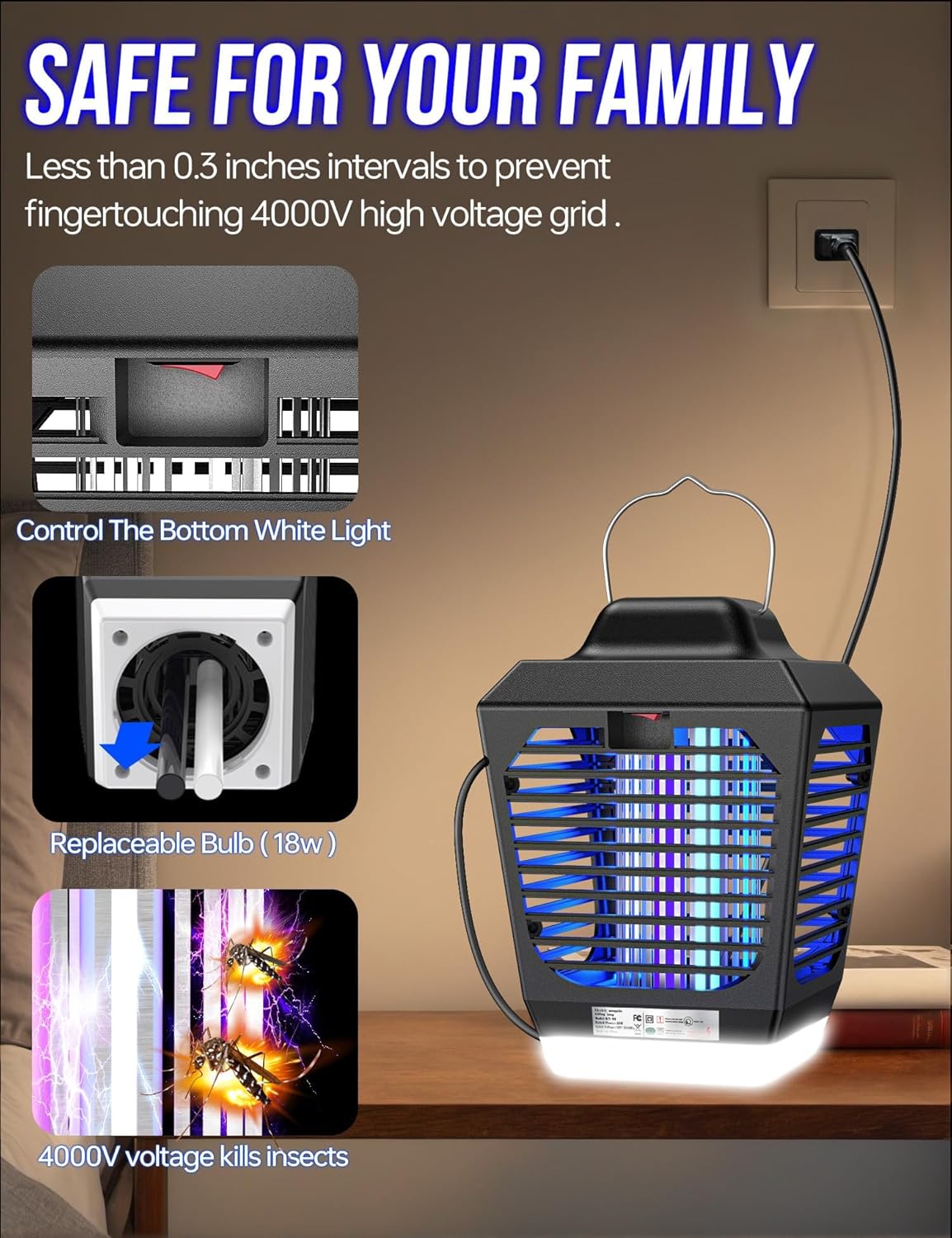 Bug Zapper Outdoor, Mosquito Zapper with LED Light, Fly Zapper Outdoor Indoor, Insect Zapper Electric Fly Traps, Plug in Mosquito Killer for Patio Yard