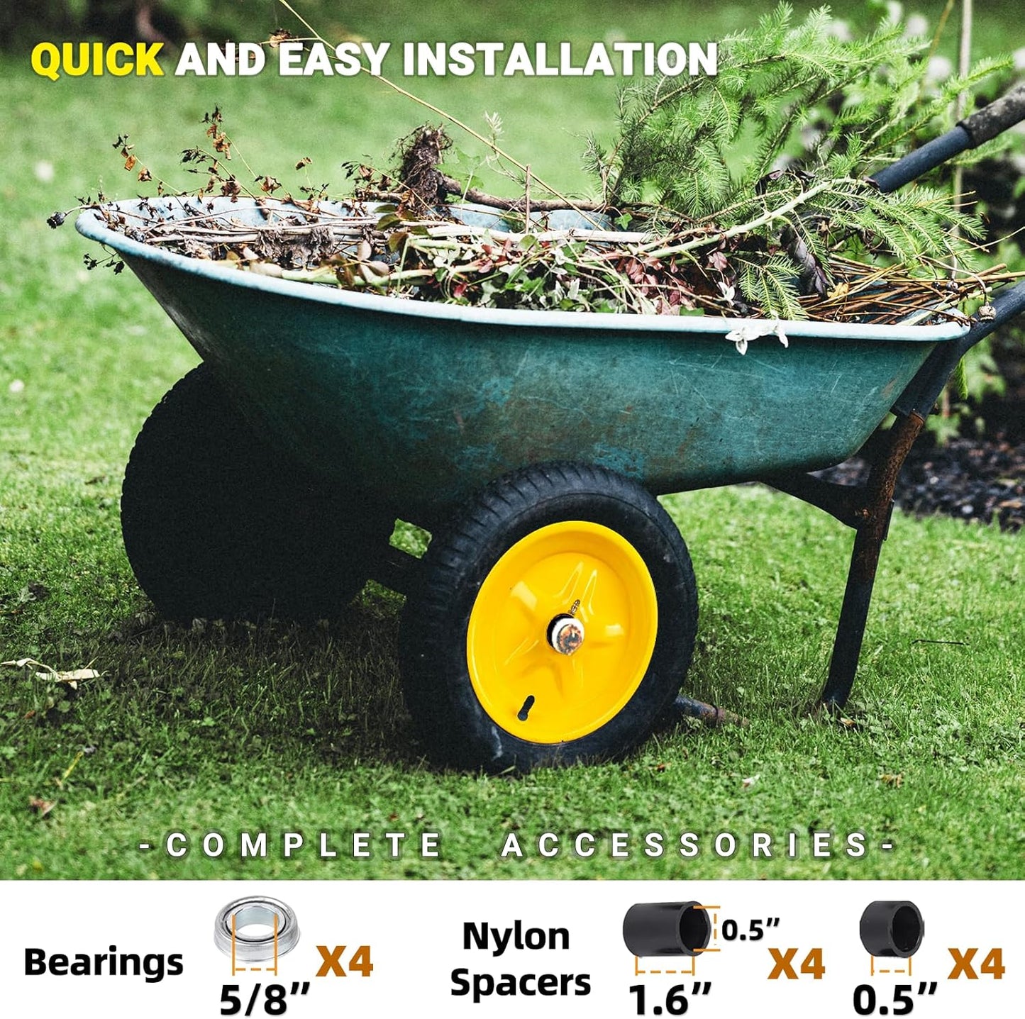 AR-PRO (2-PACK) 4.80/4.00-8" Tire and Wheel, 16" Pneumatic Tire Wheels with 3/4" Bearings and 3" Centered Hub for Wheelbarrow, Hand Truck, Garden Carts, Yard Wagon Dump Cart (Extra 5/8" Bearings)