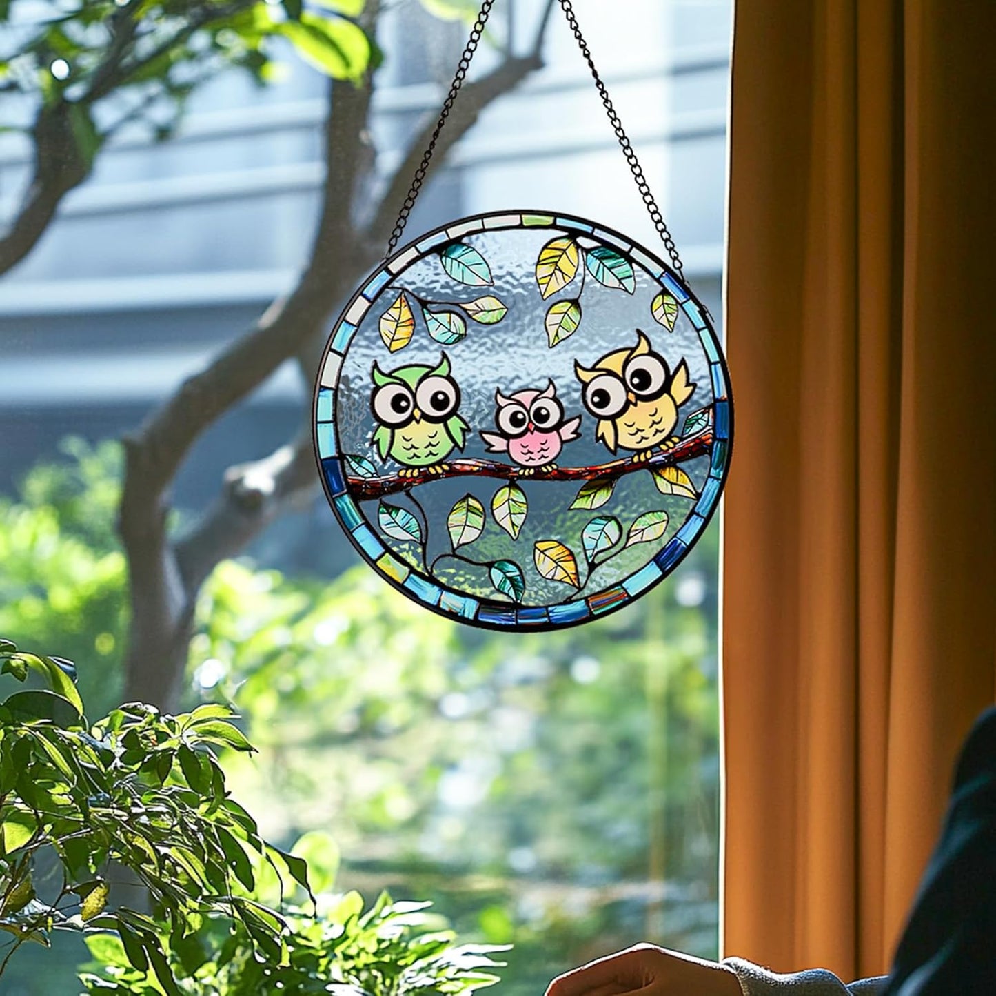 7.87” Owl Stained Glass Suncatcher - Hand-Painted Colorful Owls on Tree Window Hanging with Metal Chain, Vibrant Bird Decor for Indoor/Outdoor - Gift for Women, Mothers Day & Bird Lovers