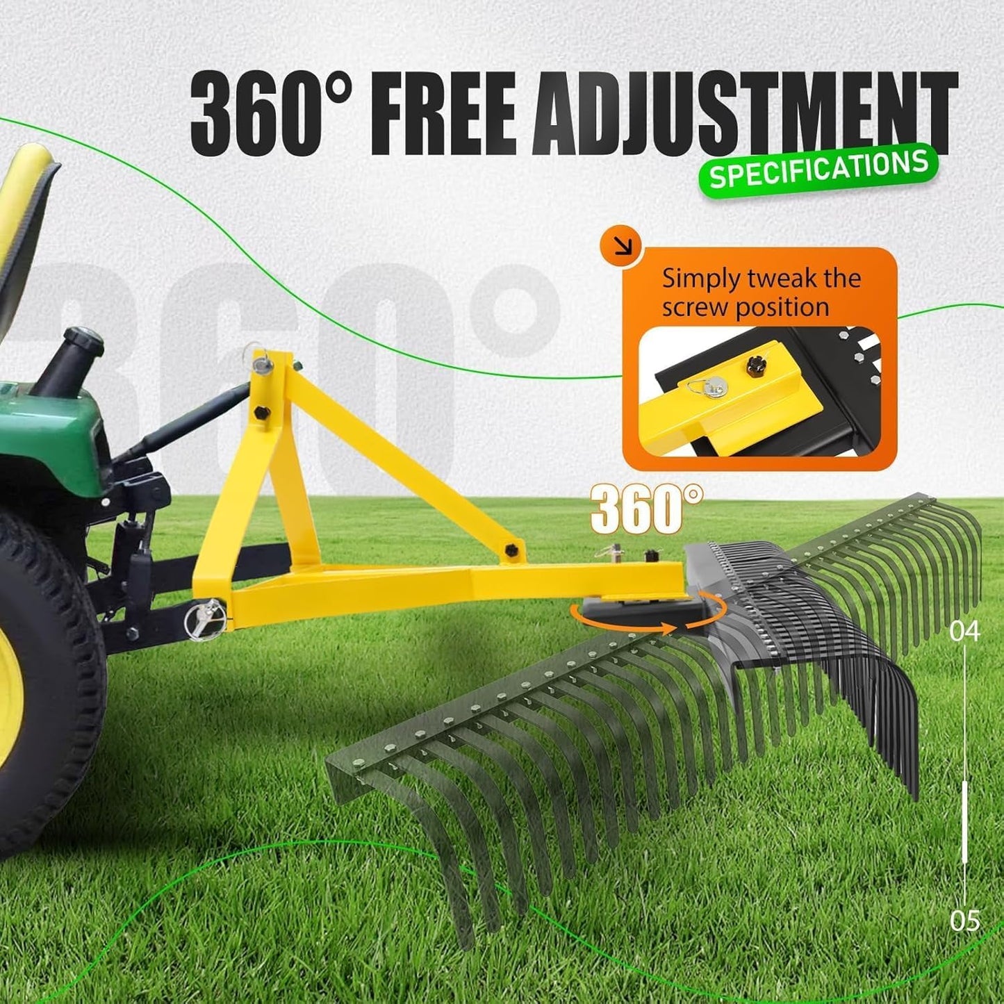 KUAFU 60In Landscape Rake, 3 Point Rake, 360 Rotation Compatible with Category 1, Cat1 Tractors Tow-Behind Garden Tool for Garden, Farm, Clearing Brush, Raking Arenas 2 Package Yellow