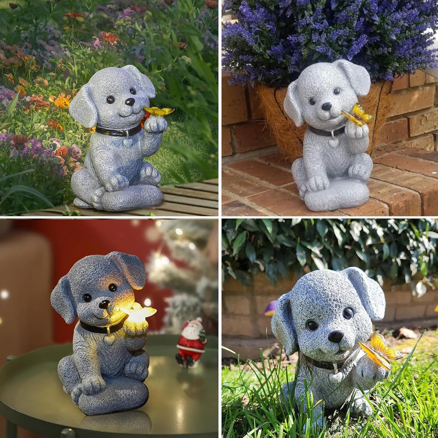 Solar Dog Outdoor Statues Garden Decor with Butterfly LED Lights Dog Statues for Patio Balcony Yard Lawn Ornament, Birthday Gardening Gifts for Mom Grandma Women