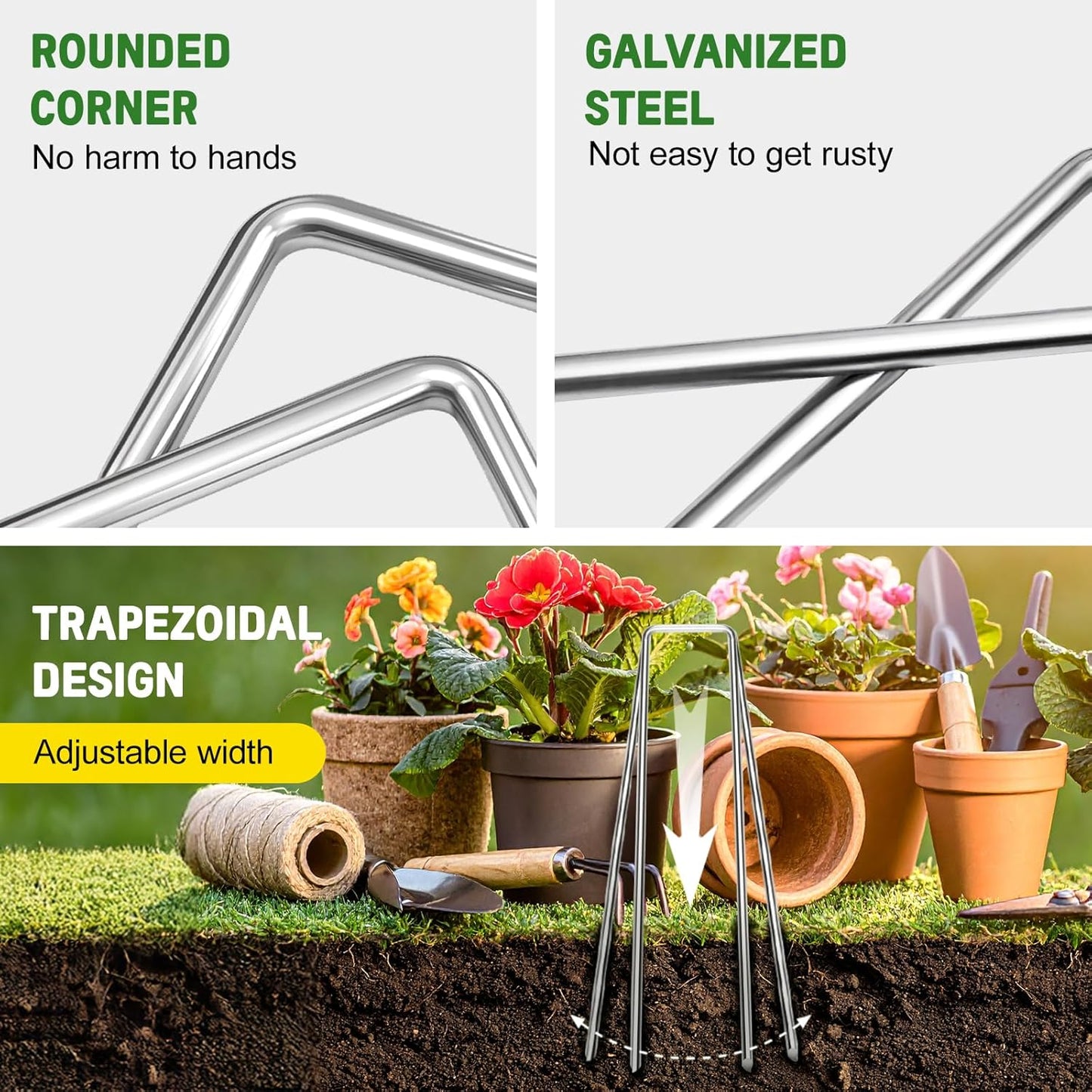 6 Inch Heavy Duty Galvanized Garden Staples, 11 Gauge Landscape Fabric Stakes with Adjustable Width for Weed Barrier, Sod, Fencing and Outdoor Decoration (50)