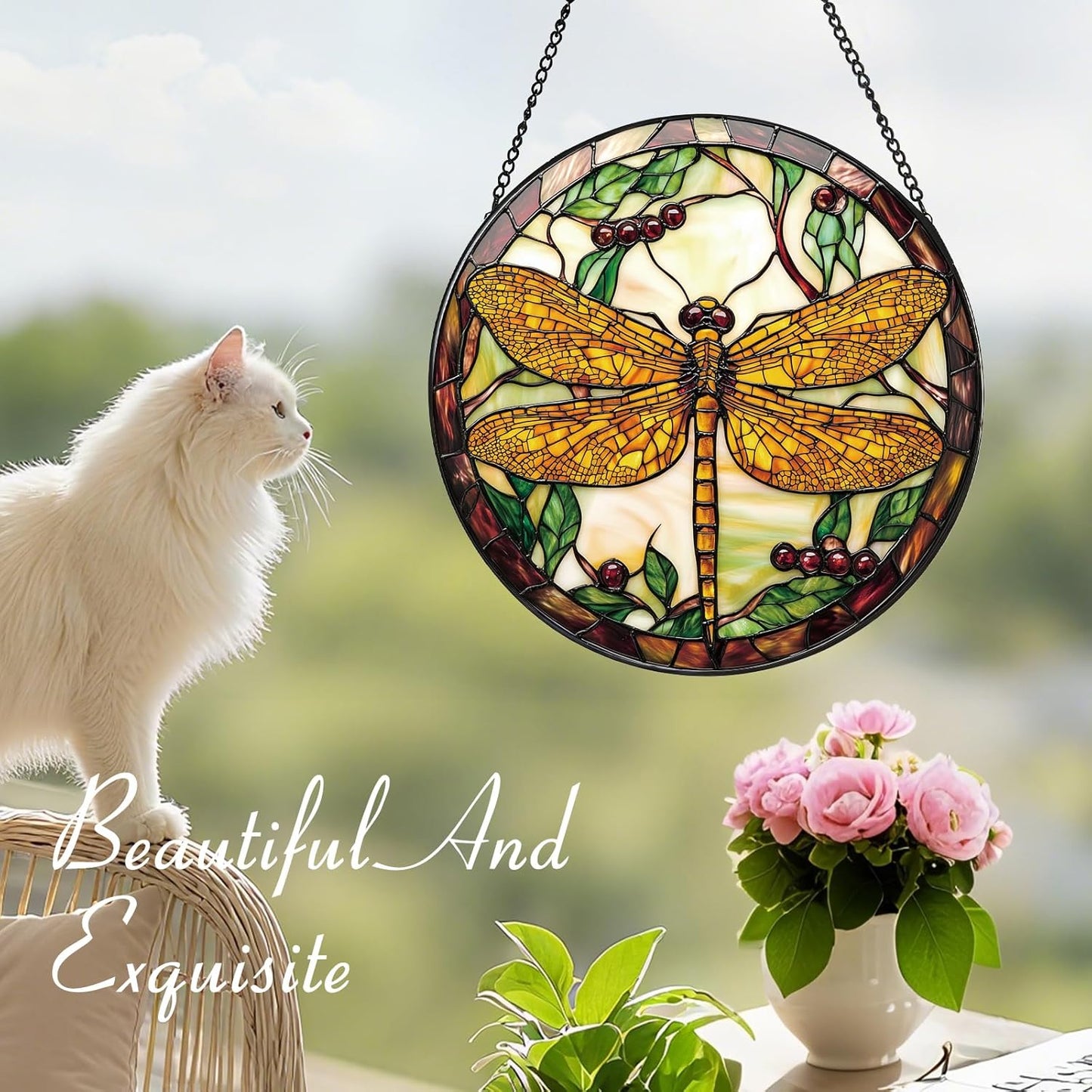 Dragonfly Plant Suncatcher -7.9 in Stained Glass Window Hanging Sun Catcher Garden Decor
