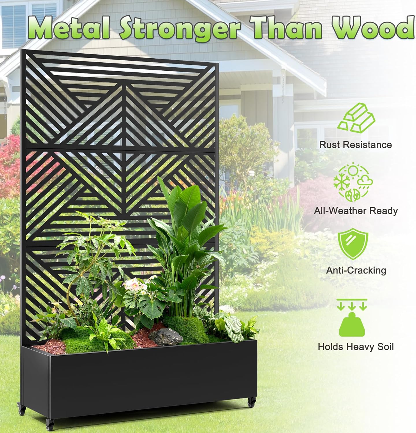 15.7"×70.9"×47.2" Metal Raised Garden Bed with Trellis and Wheels - Tall Trellis Planter Box for Climbing Plants, Vegetables & Vines - Outdoor Privacy Planters for Patio (Black-Zodiac)