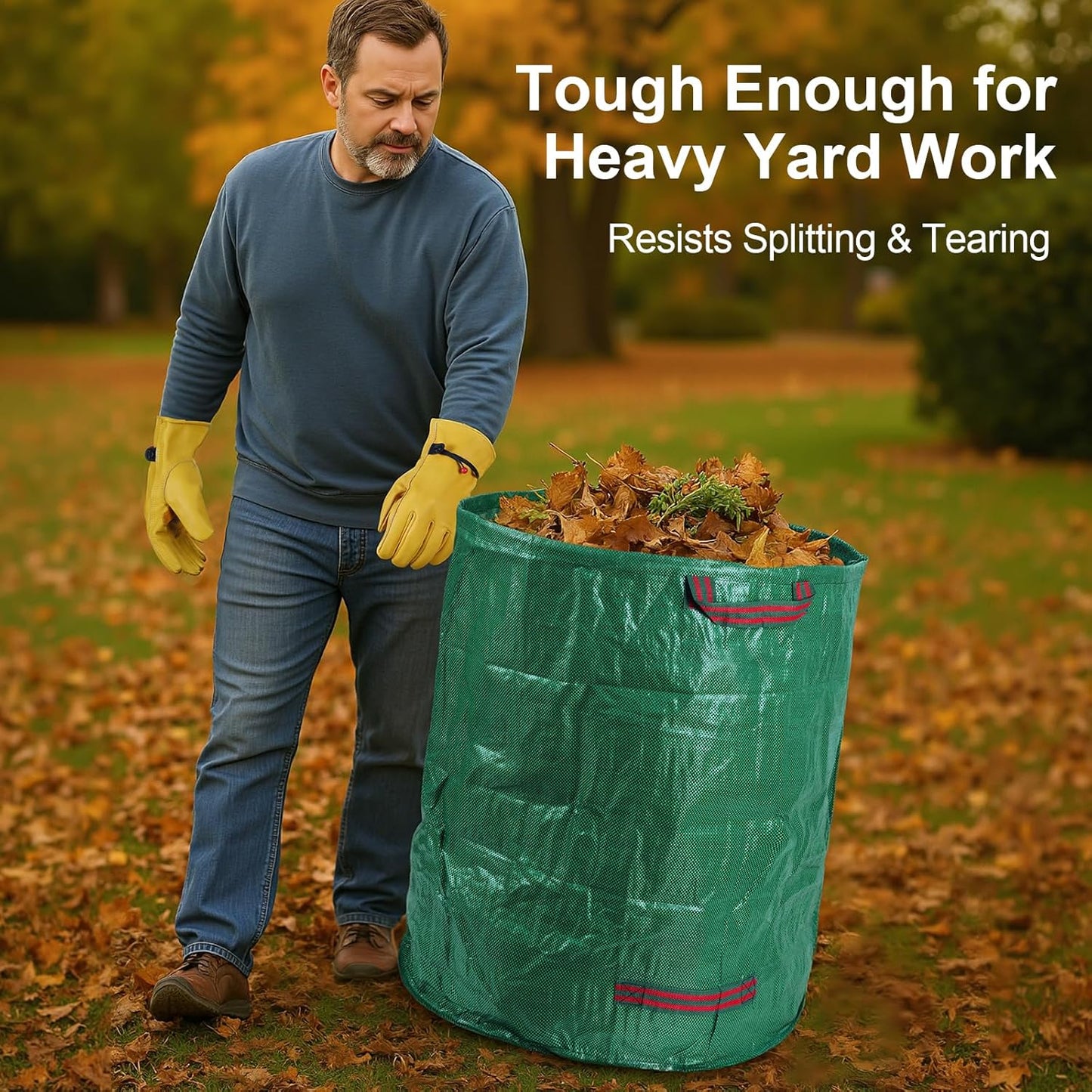 3-Pack 72 Gallon Self-Standing Yard Waste Bags with Cowhide Gloves — Heavy-Duty 150 GSM Woven PE, Double-Layer Reinforced Bottom, Four Handles, Reusable Leaf Bags for Lawn & Garden
