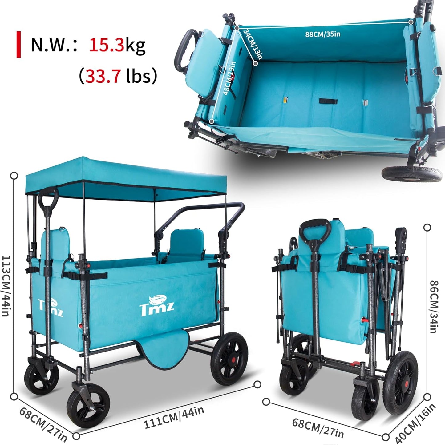 TMZ Collapsible Wagon Cart with Side-Opening Seat Conversion Design, Foldable Utility Wagon with 2 Seats, Heavy Duty Wagon 265 lbs Load Capacity (Turquoise)