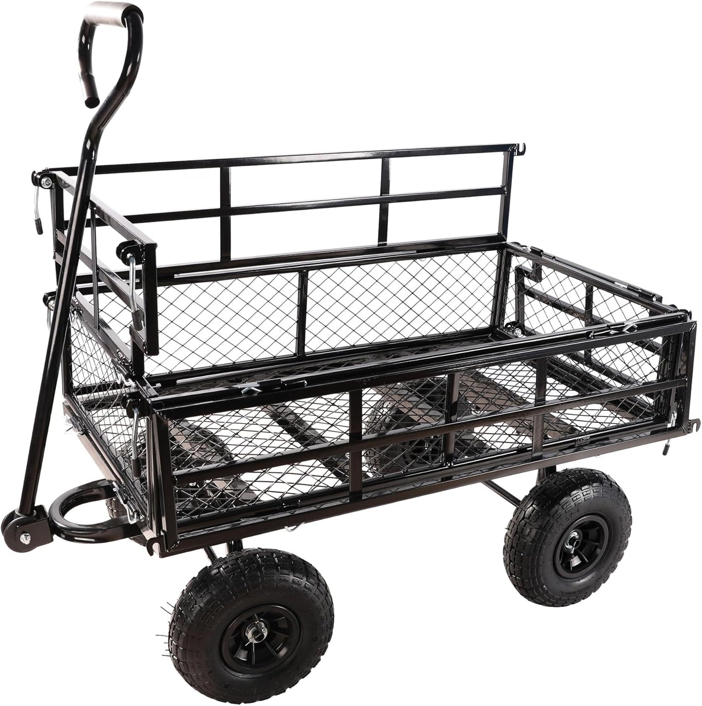 Heavy Duty Garden Wagon with Foldable Sides, Pneumatic Tires, Adjustable Handle (Black Double Layer)