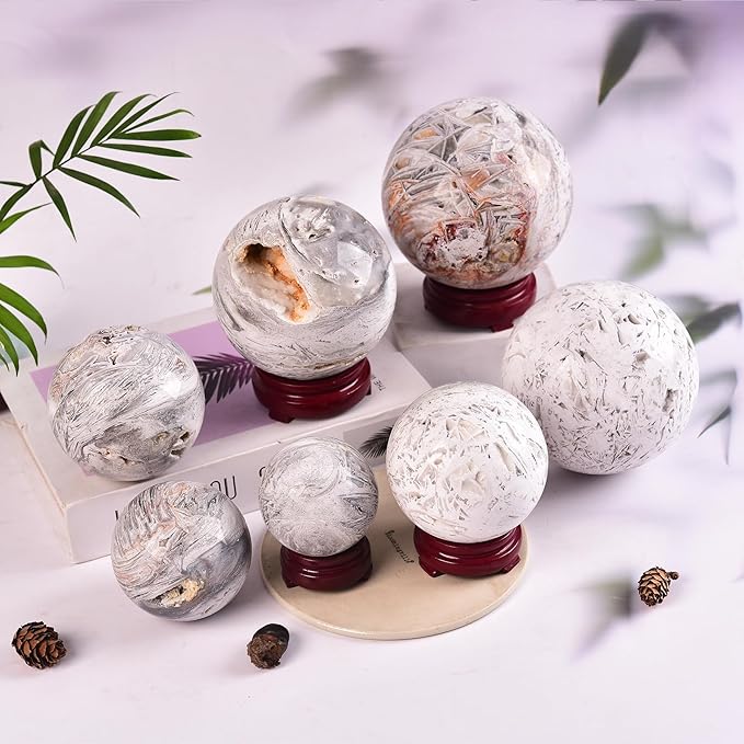 JIC Gem Natural Mexican White Agate Crystal Sphere with Wooden Stand Decorative Crystal Ball White Gemstone Sphere for Meditation,Feng Shui,Witch-Style Decor,Table 70-80mm