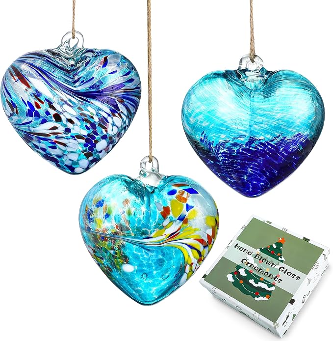 Set of 3 Handmade Glass Heart Ornaments 3.9 Inch Blue Friendship Heart Decor for Garden Home Centerpiece