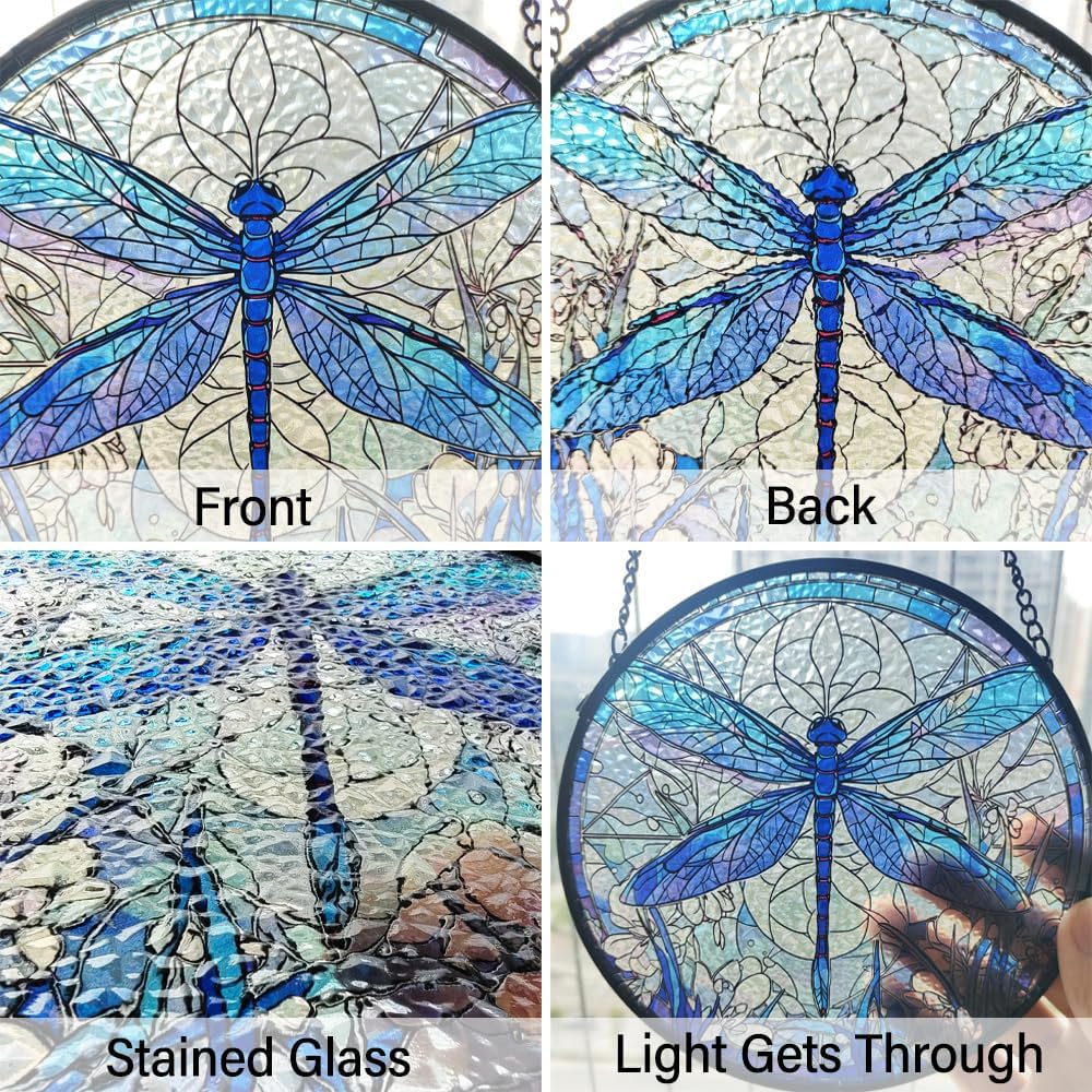 Dragonfly Decor Suncatcher Stained Glass Window Hanging - Handmade Artistic Suncatchers for Windows Hanging - Wall Home Decor Suncatcher with Metal Chain and Hook Gift for Women Mom Home Porch Garden